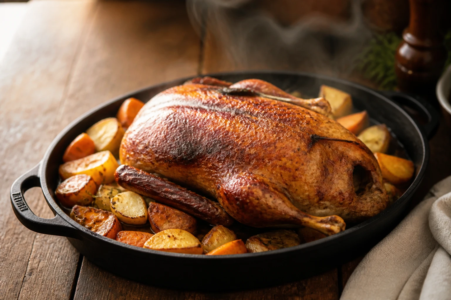 Canette rôtie entière et dorée servie avec des légumes racines sur un plat en fonte