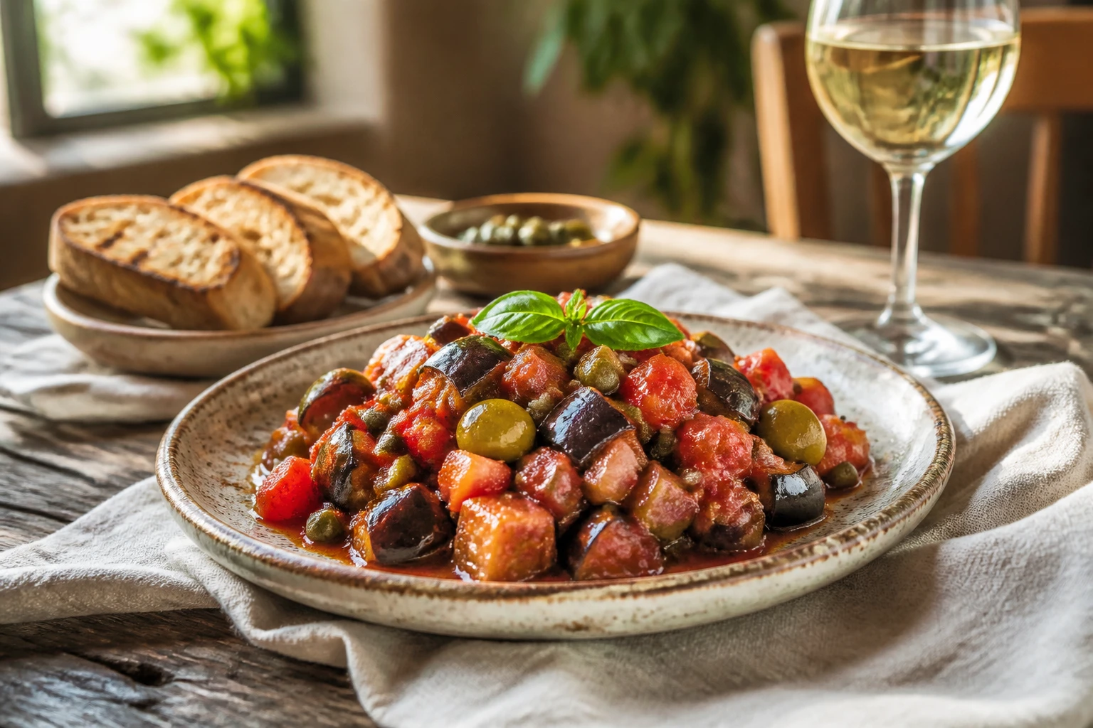 Caponata sicilienne dans une assiette en céramique avec aubergines, olives et câpres sur table en bois