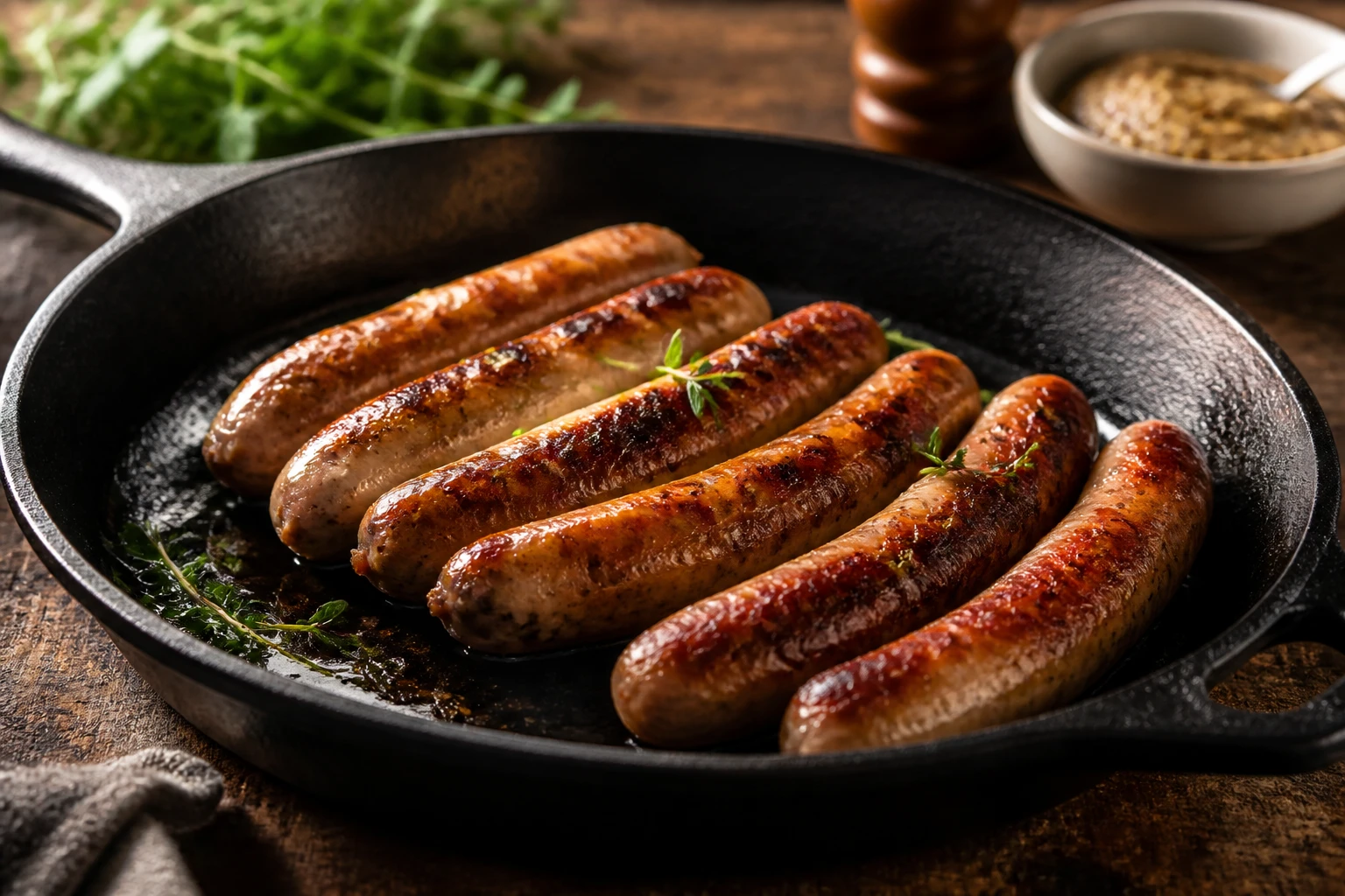 Chipolatas grillées à la poêle, dorées et croustillantes, servies avec de la moutarde à l'ancienne