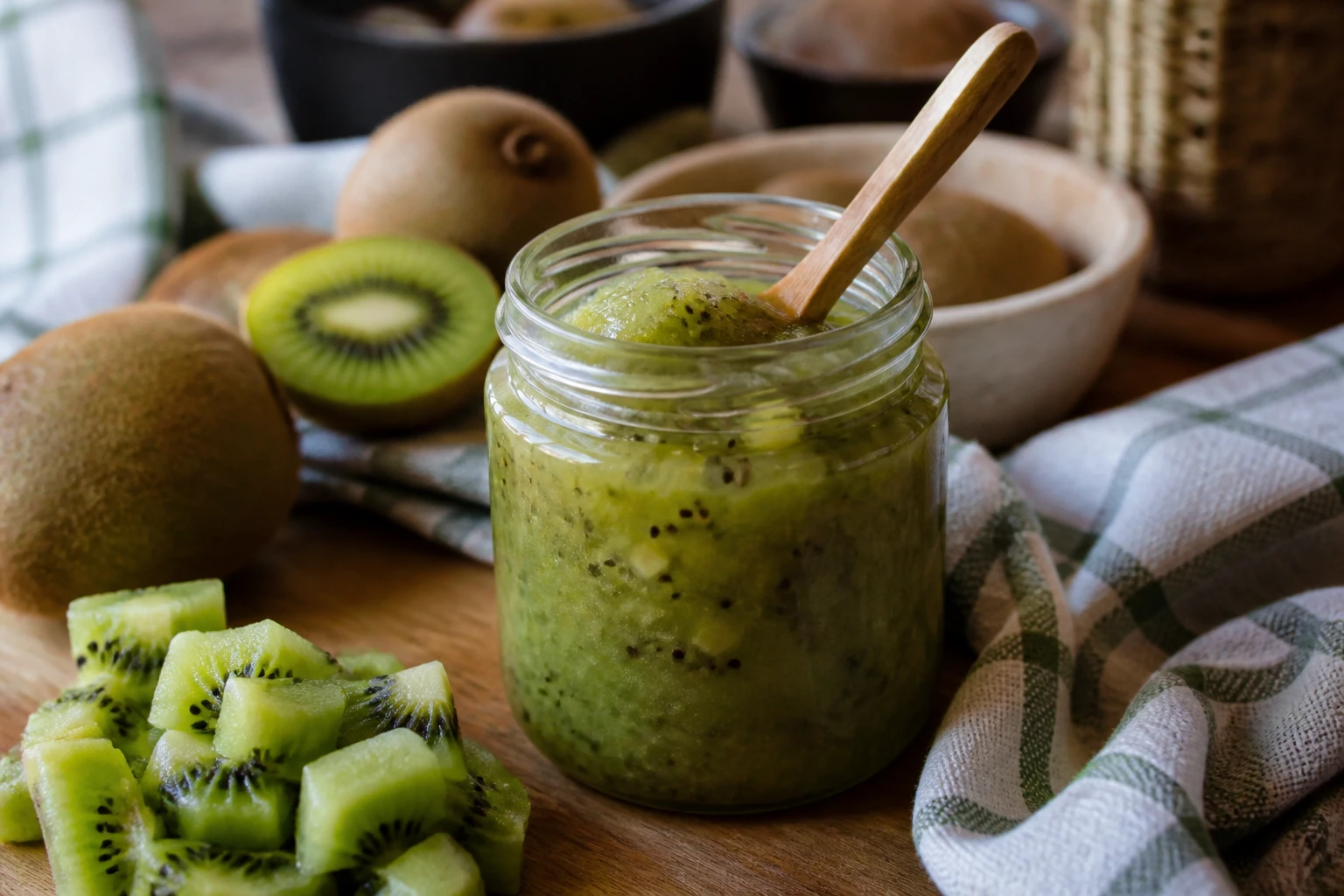 Pot de confiture de kiwi de grand-mère maison avec kiwis frais sur table en bois