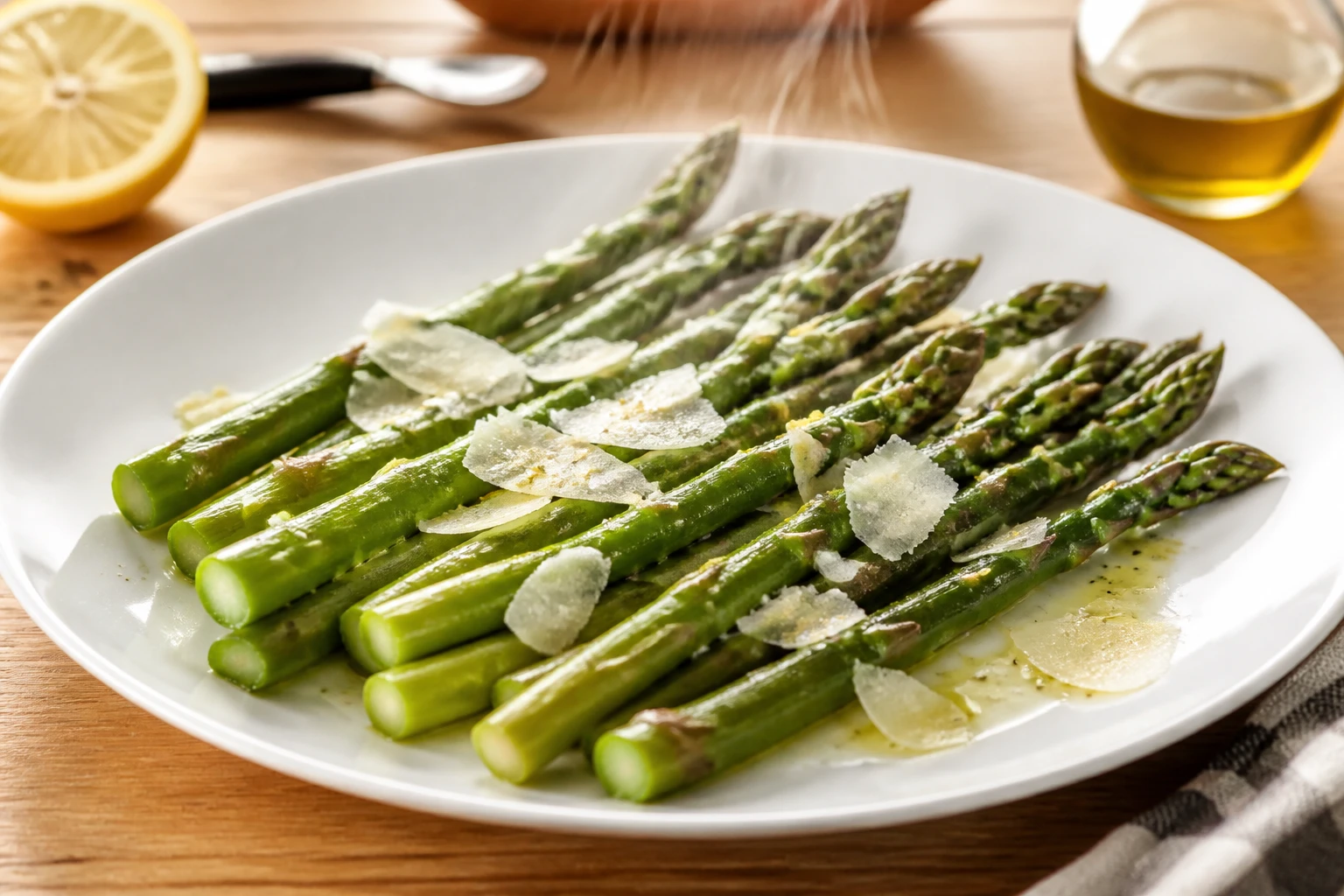 Asperges congelées cuites à la vapeur, dressées dans une assiette avec huile d'olive et parmesan