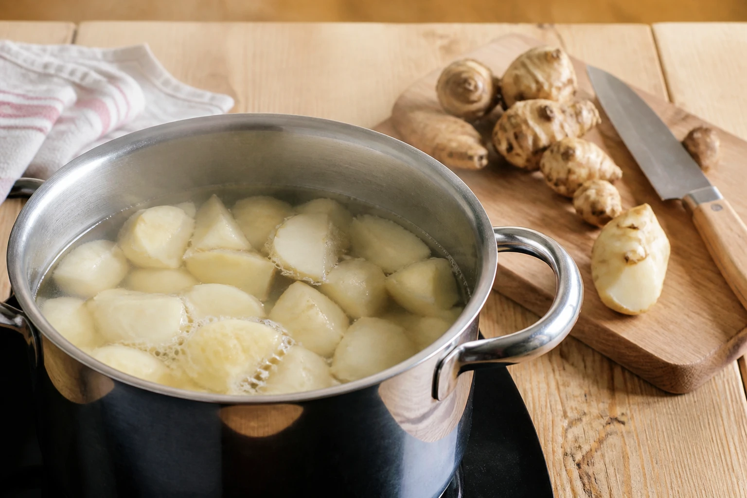 Casserole d'eau frémissante avec des morceaux de topinambour en cours de cuisson dans une cuisine rustique