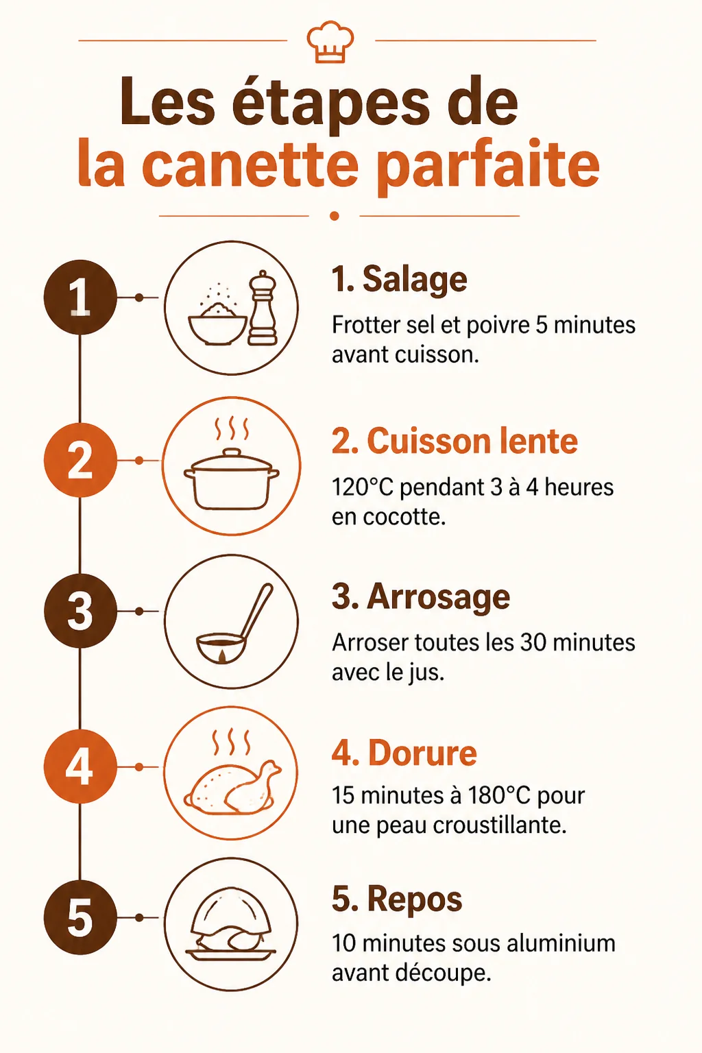 Les étapes de la canette parfaite : 1. Salage, 2. Cuisson lente, 3. Arrosage, 4. Dorure, 5. Repos