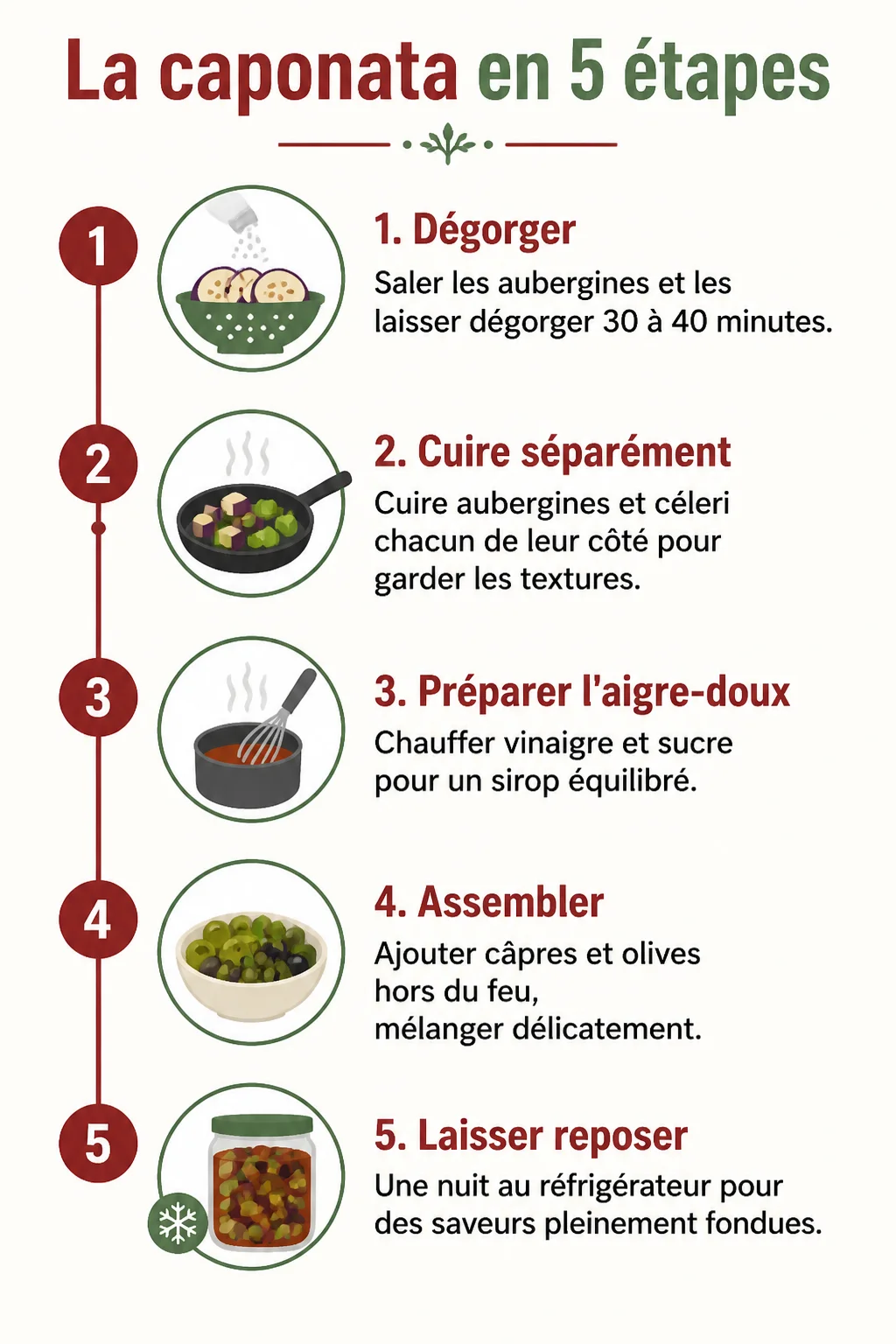 La caponata en 5 étapes : 1. Dégorger, 2. Cuire séparément, 3. Préparer l'aigre-doux, 4. Assembler, 5. Laisser reposer