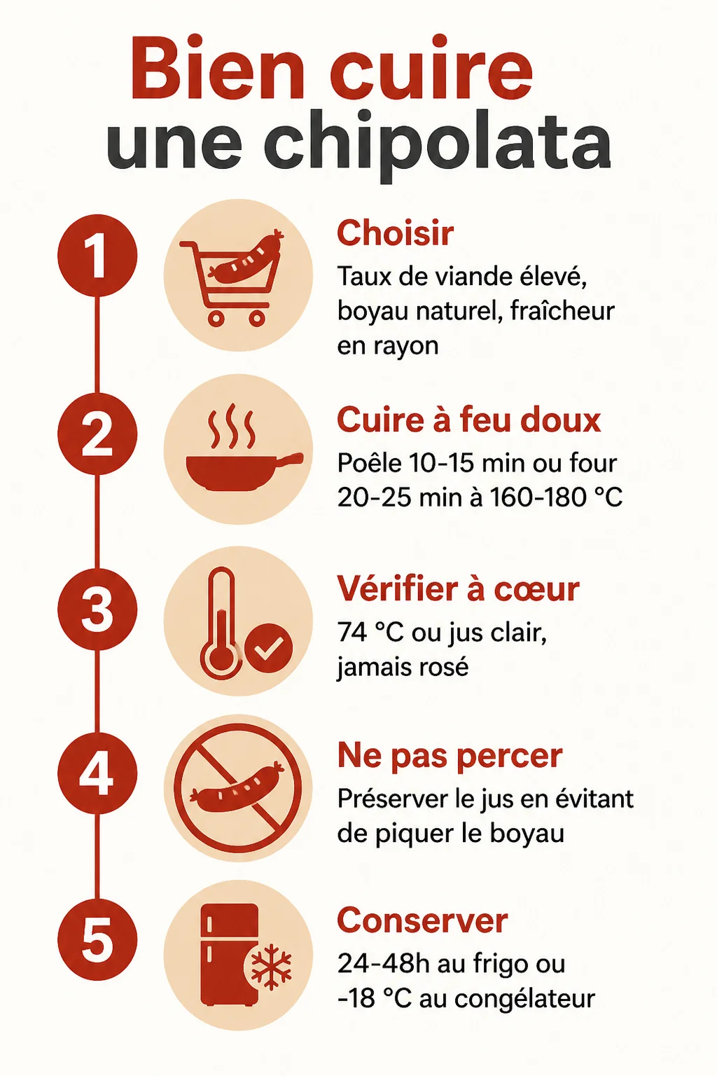 Bien cuire une chipolata : 1. Choisir, 2. Cuire à feu doux, 3. Vérifier à cœur, 4. Ne pas percer, 5. Conserver