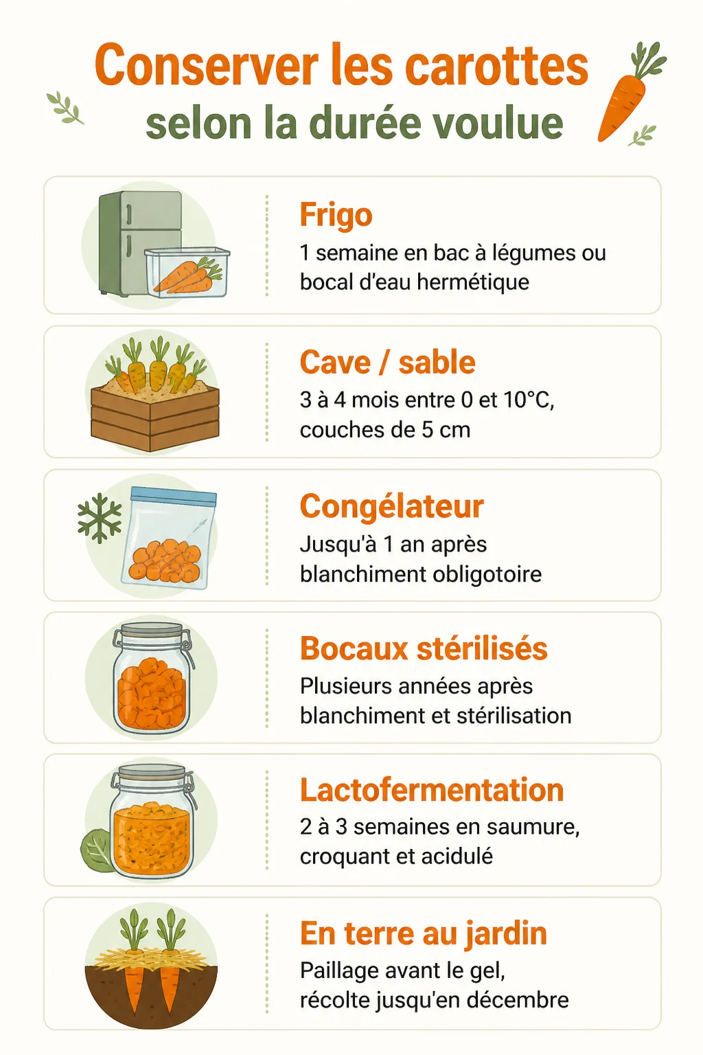 Conserver les carottes selon la durée voulue : Frigo, Cave / sable, Congélateur, Bocaux stérilisés, Lactofermentation, En terre au jardin