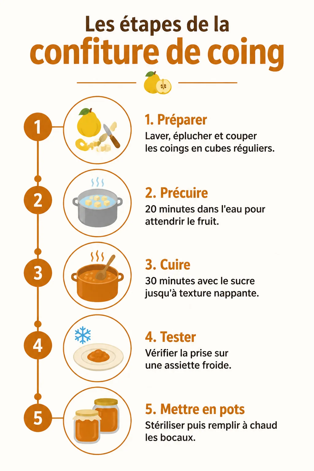 Les étapes de la confiture de coing : 1. Préparer, 2. Précuire, 3. Cuire, 4. Tester, 5. Mettre en pots