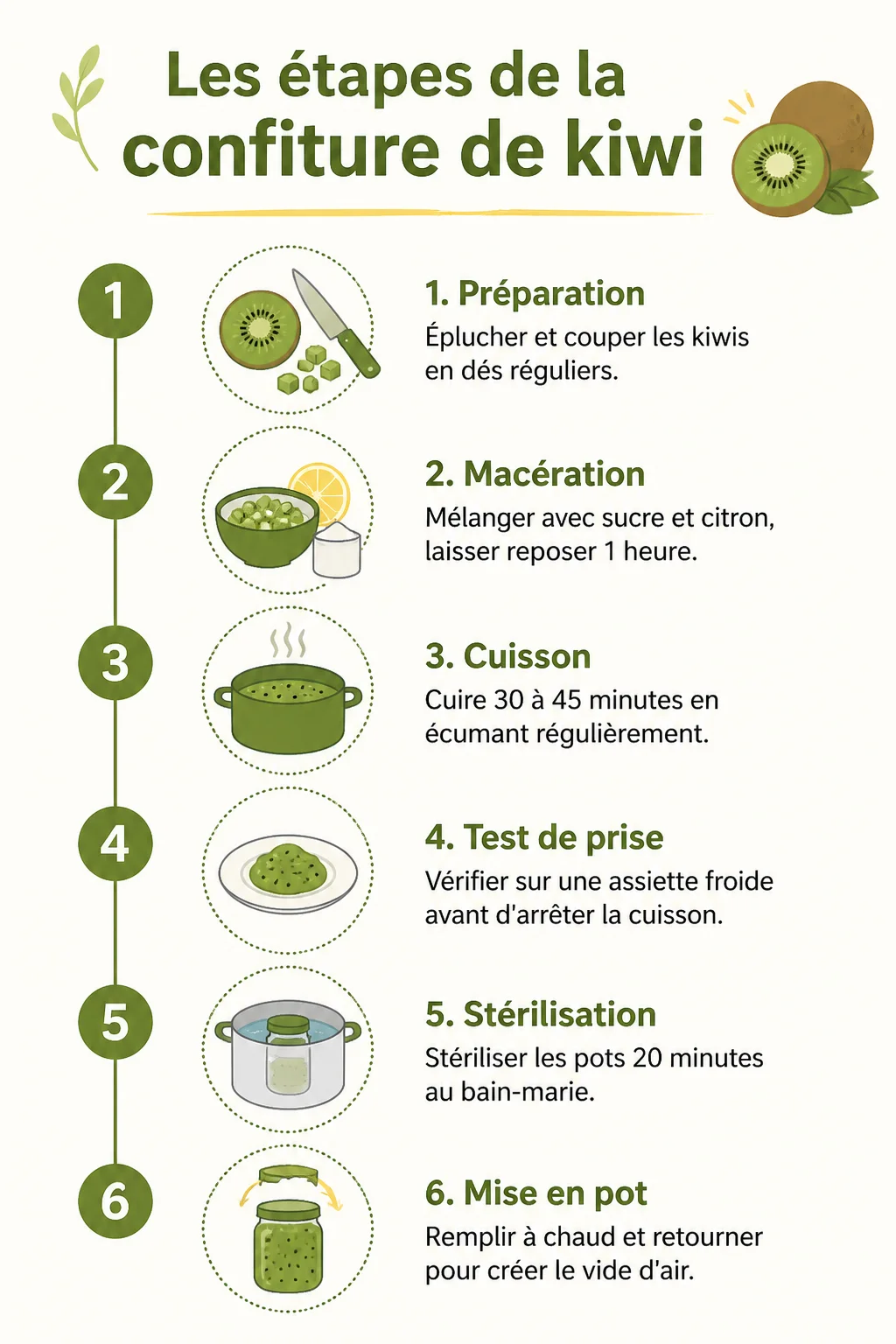 Les étapes de la confiture de kiwi : 1. Préparation, 2. Macération, 3. Cuisson, 4. Test de prise, 5. Stérilisation, 6. Mise en pot