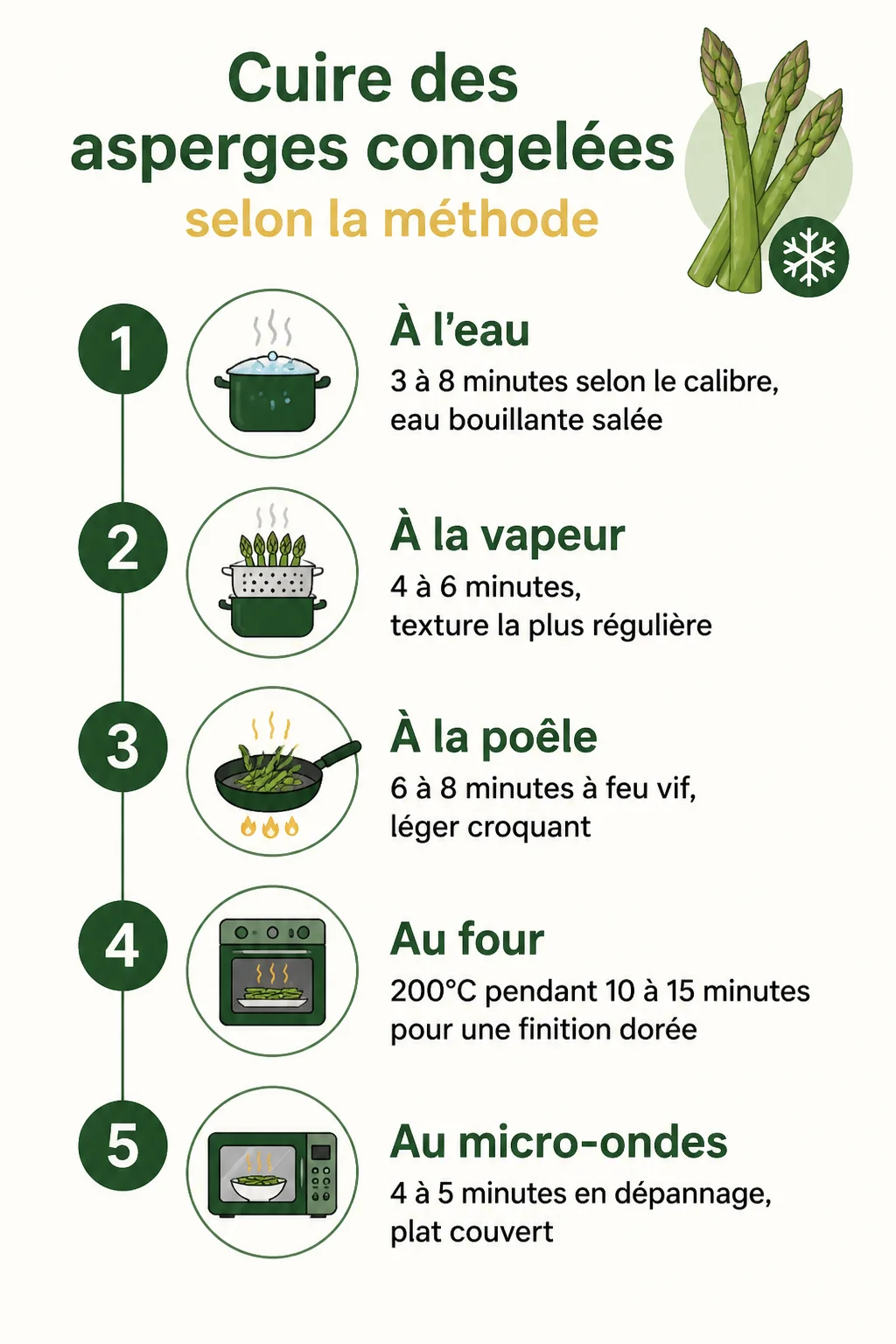 Cuire des asperges congelées selon la méthode : 1. À l'eau, 2. À la vapeur, 3. À la poêle, 4. Au four, 5. Au micro-ondes