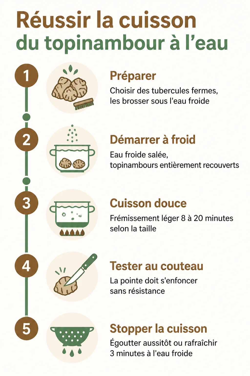 Réussir la cuisson du topinambour à l'eau : 1. Préparer, 2. Démarrer à froid, 3. Cuisson douce, 4. Tester au couteau, 5. Stopper la cuisson