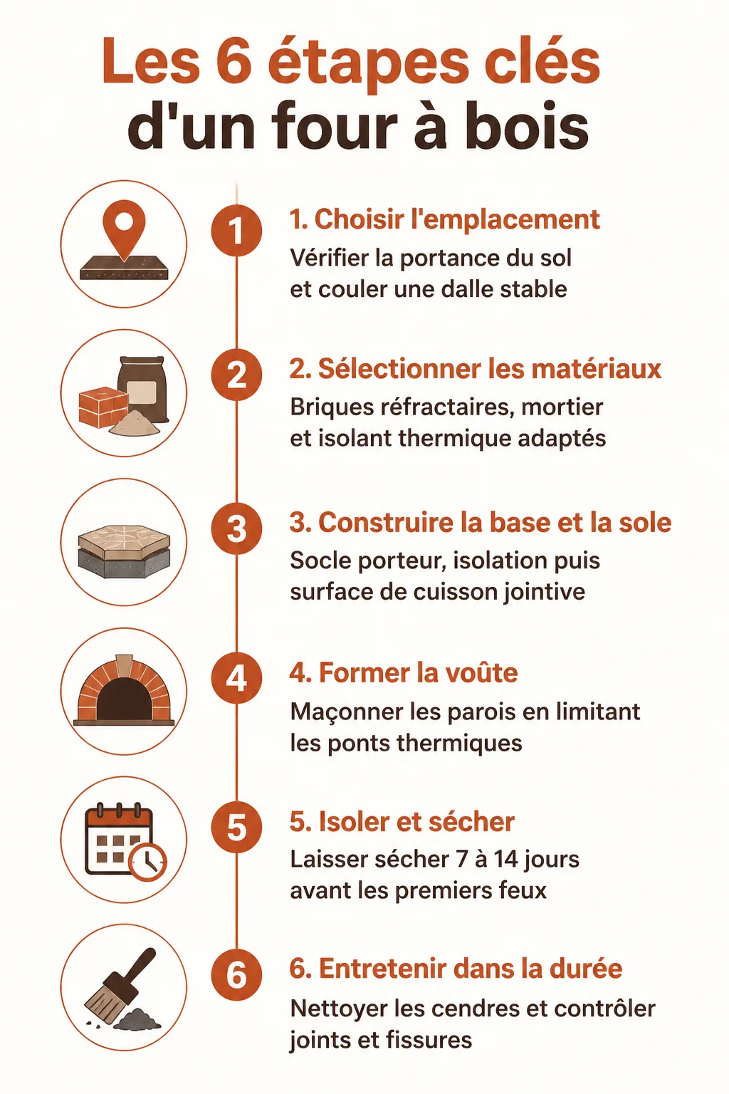 Les 6 étapes clés d'un four à bois : 1. Choisir l'emplacement, 2. Sélectionner les matériaux, 3. Construire la base et la sole, 4. Former la voûte, 5. Isoler et sécher, 6. Entretenir dans la durée