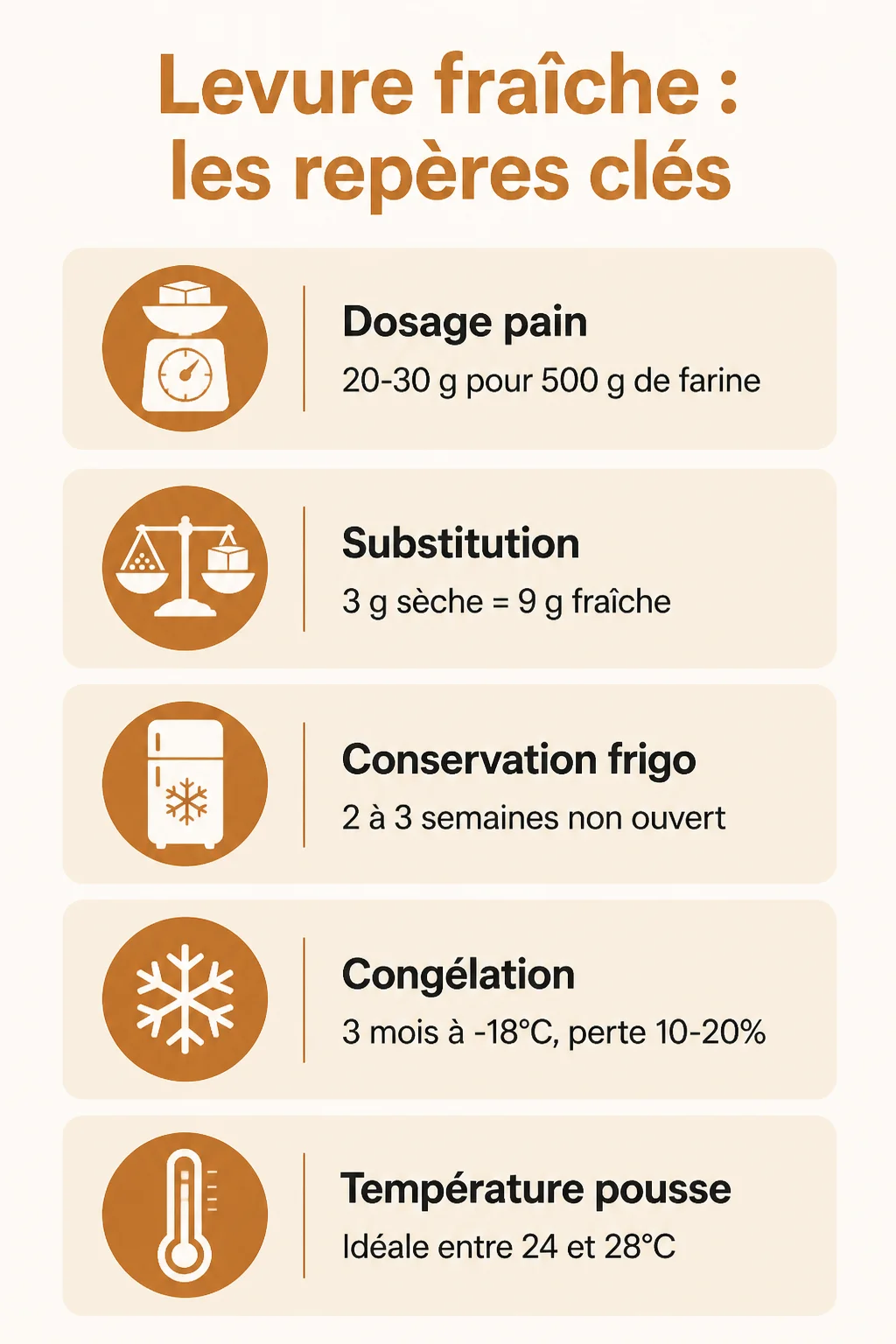 Levure fraîche : les repères clés : Dosage pain, Substitution, Conservation frigo, Congélation, Température pousse