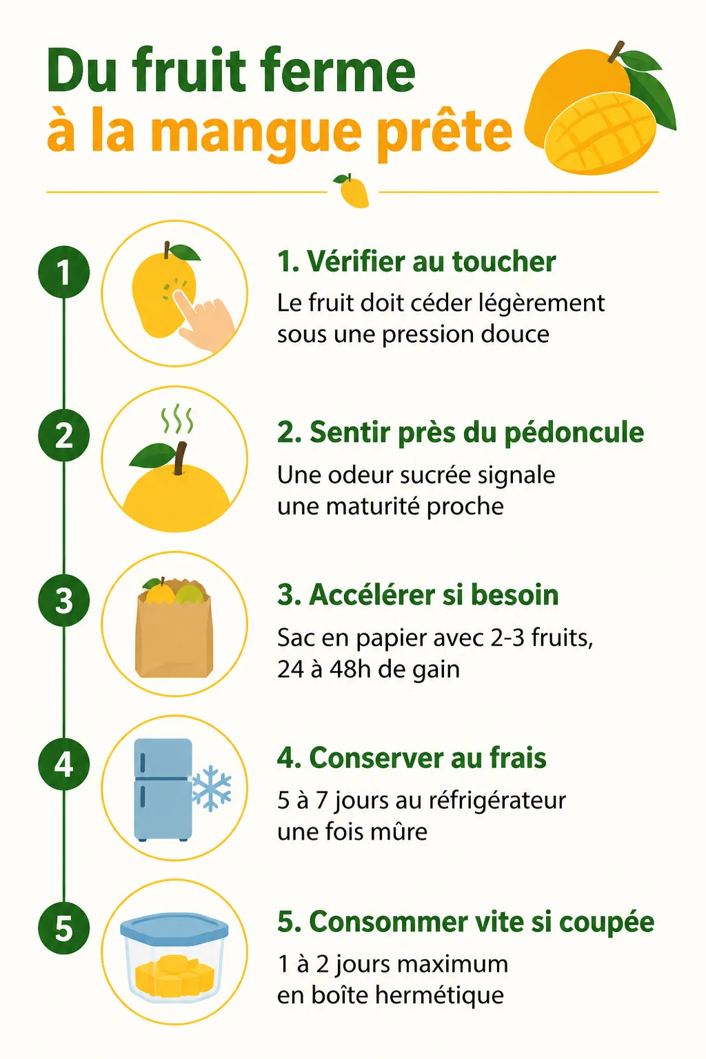 Du fruit ferme à la mangue prête : 1. Vérifier au toucher, 2. Sentir près du pédoncule, 3. Accélérer si besoin, 4. Conserver au frais, 5. Consommer vite si coupée