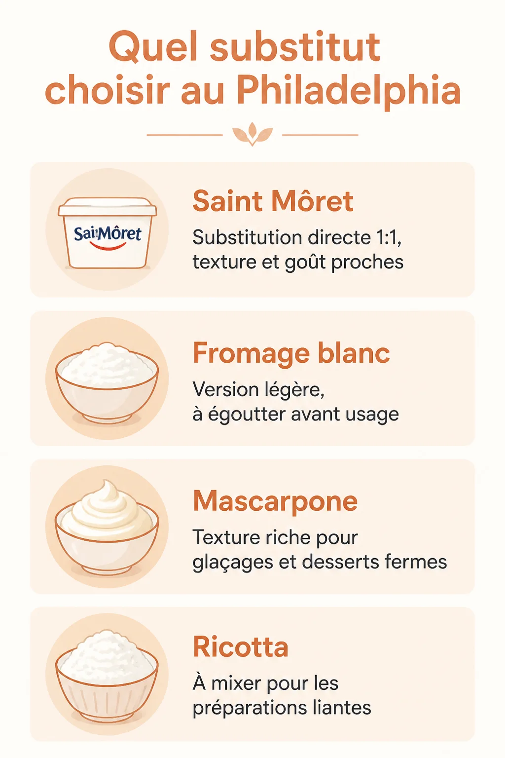 Quel substitut choisir au Philadelphia : Saint Môret, Fromage blanc, Mascarpone, Ricotta