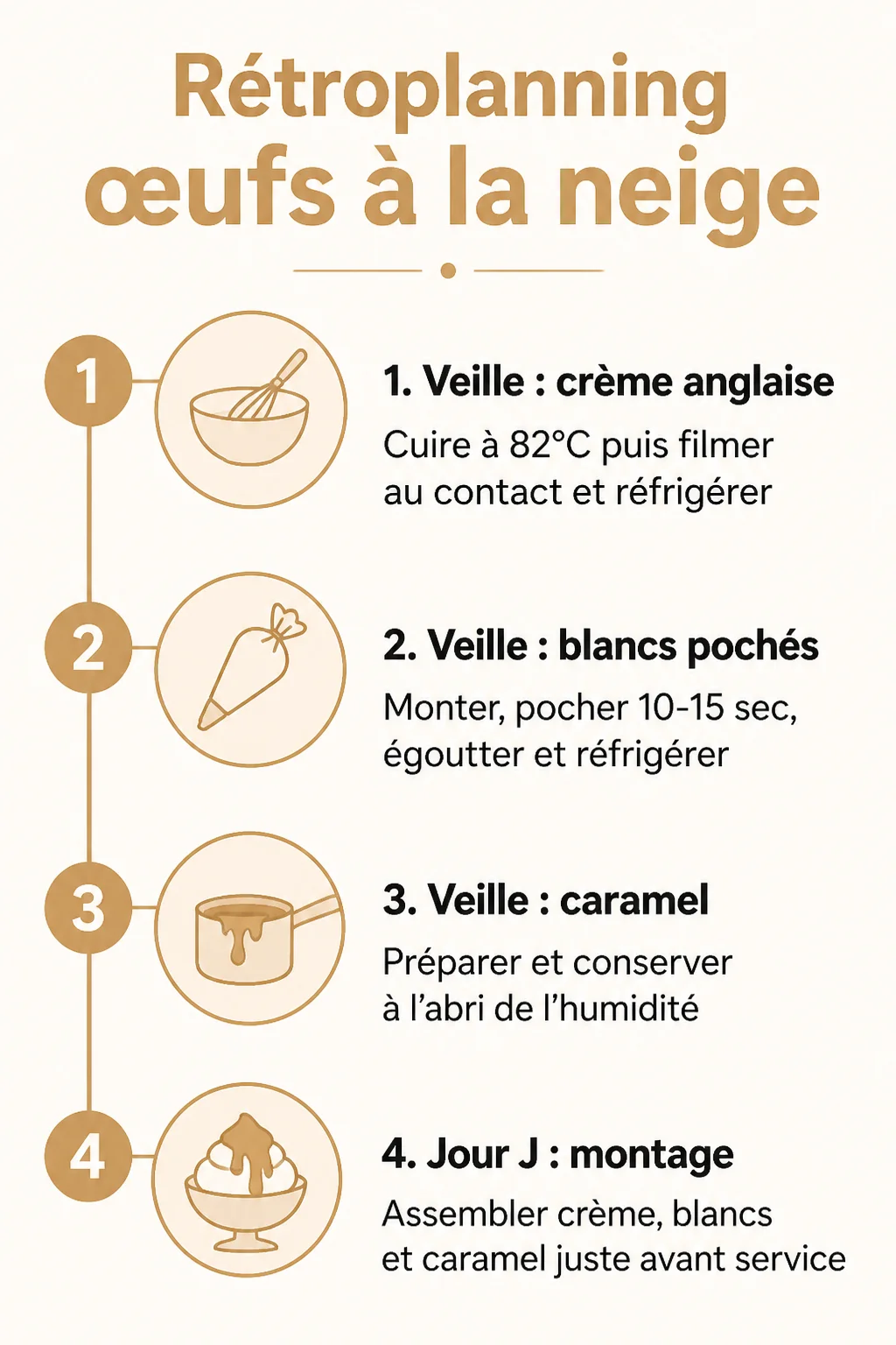 Rétroplanning œufs à la neige : 1. Veille : crème anglaise, 2. Veille : blancs pochés, 3. Veille : caramel, 4. Jour J : montage
