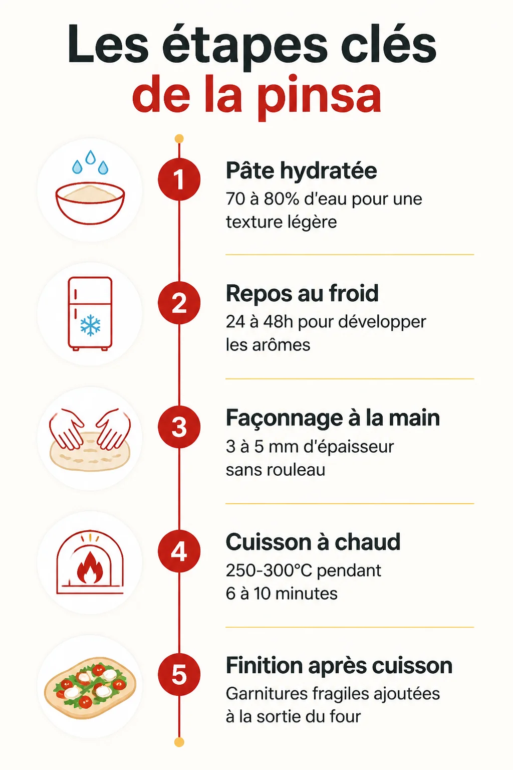 Les étapes clés de la pinsa : 1. Pâte hydratée, 2. Repos au froid, 3. Façonnage à la main, 4. Cuisson à chaud, 5. Finition après cuisson