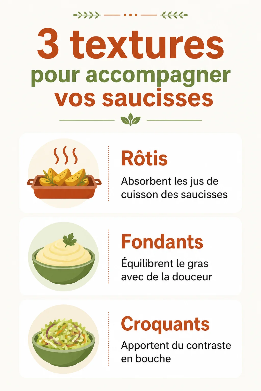 3 textures pour accompagner vos saucisses : Rôtis, Fondants, Croquants