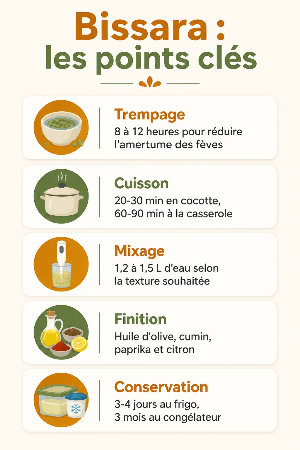Bissara : les points clés : Trempage, Cuisson, Mixage, Finition, Conservation