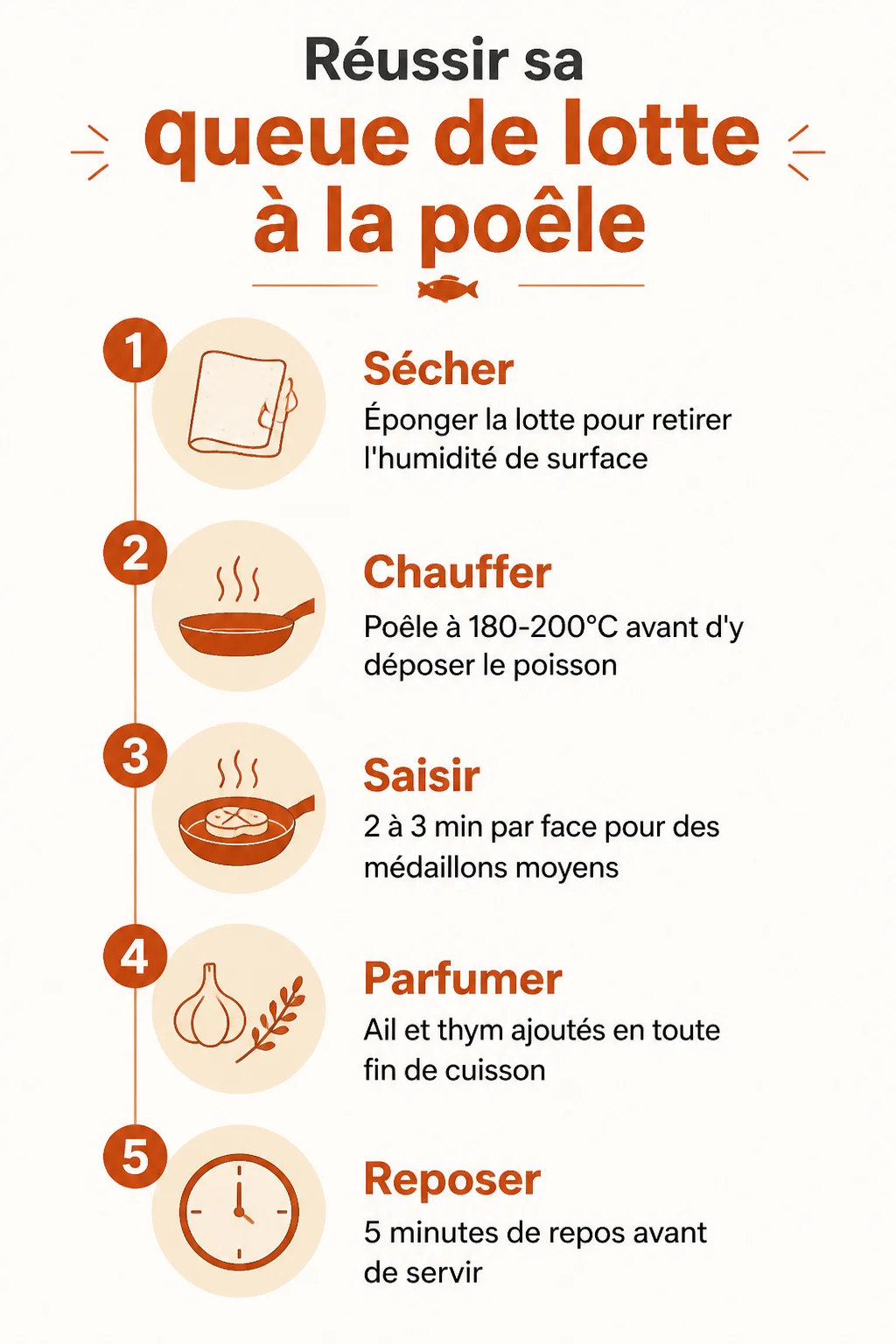 Réussir sa queue de lotte à la poêle : 1. Sécher, 2. Chauffer, 3. Saisir, 4. Parfumer, 5. Reposer