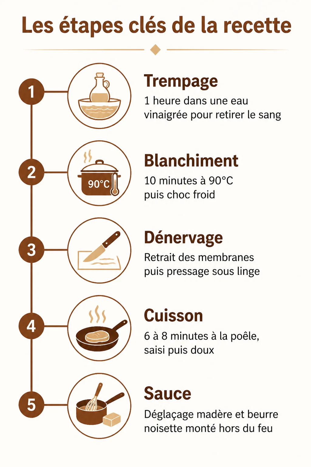 Les étapes clés de la recette : 1. Trempage, 2. Blanchiment, 3. Dénervage, 4. Cuisson, 5. Sauce