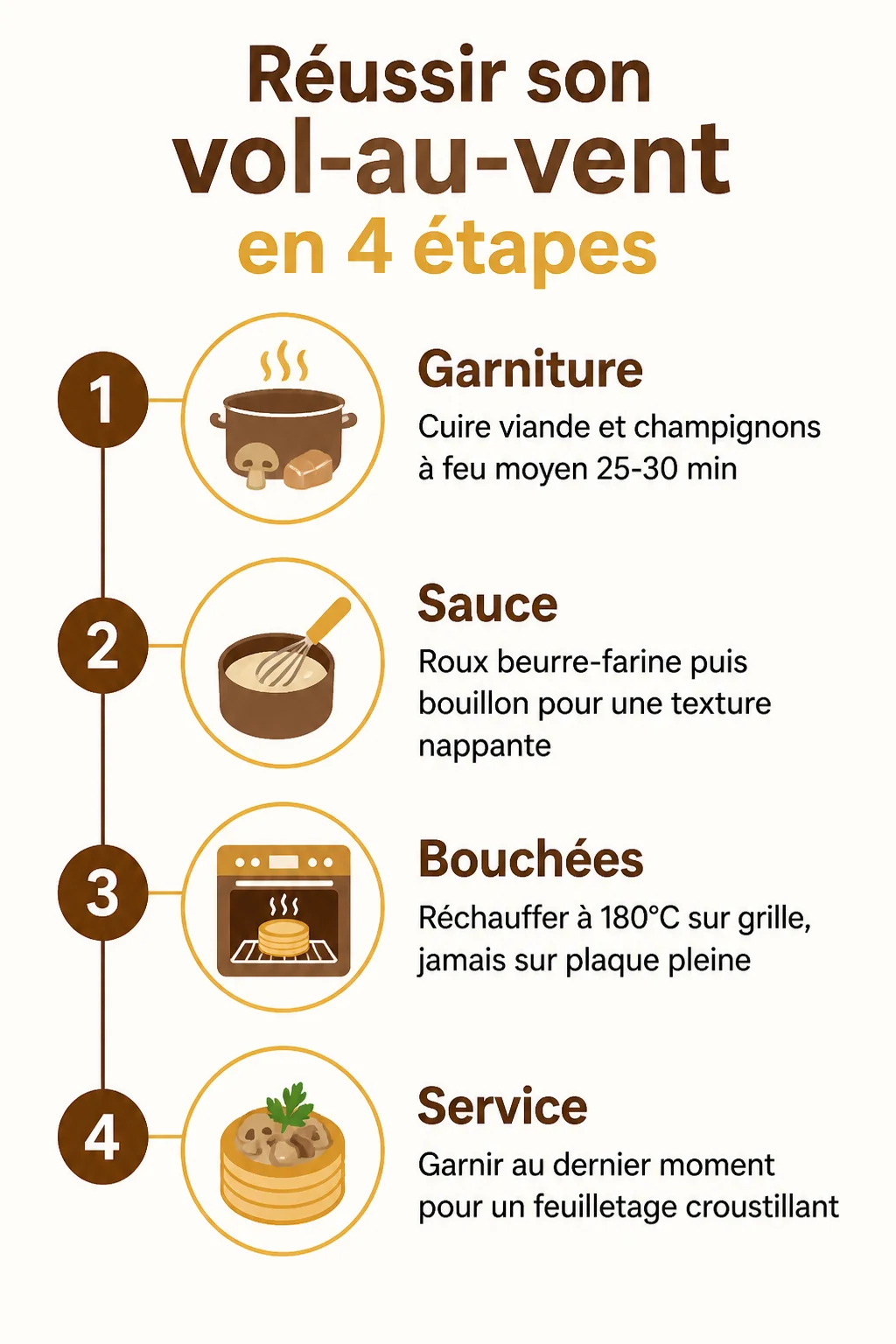 Réussir son vol-au-vent en 4 étapes : 1. Garniture, 2. Sauce, 3. Bouchées, 4. Service