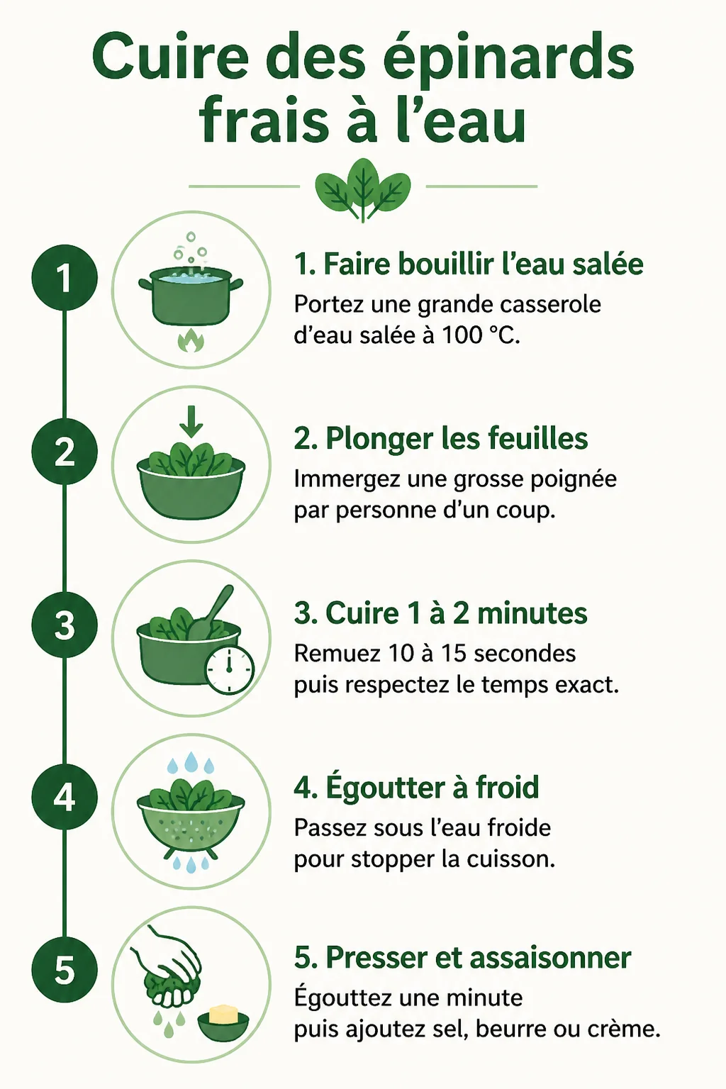 Cuire des épinards frais à l'eau : 1. Faire bouillir l'eau salée, 2. Plonger les feuilles, 3. Cuire 1 à 2 minutes, 4. Égoutter à froid, 5. Presser et assaisonner