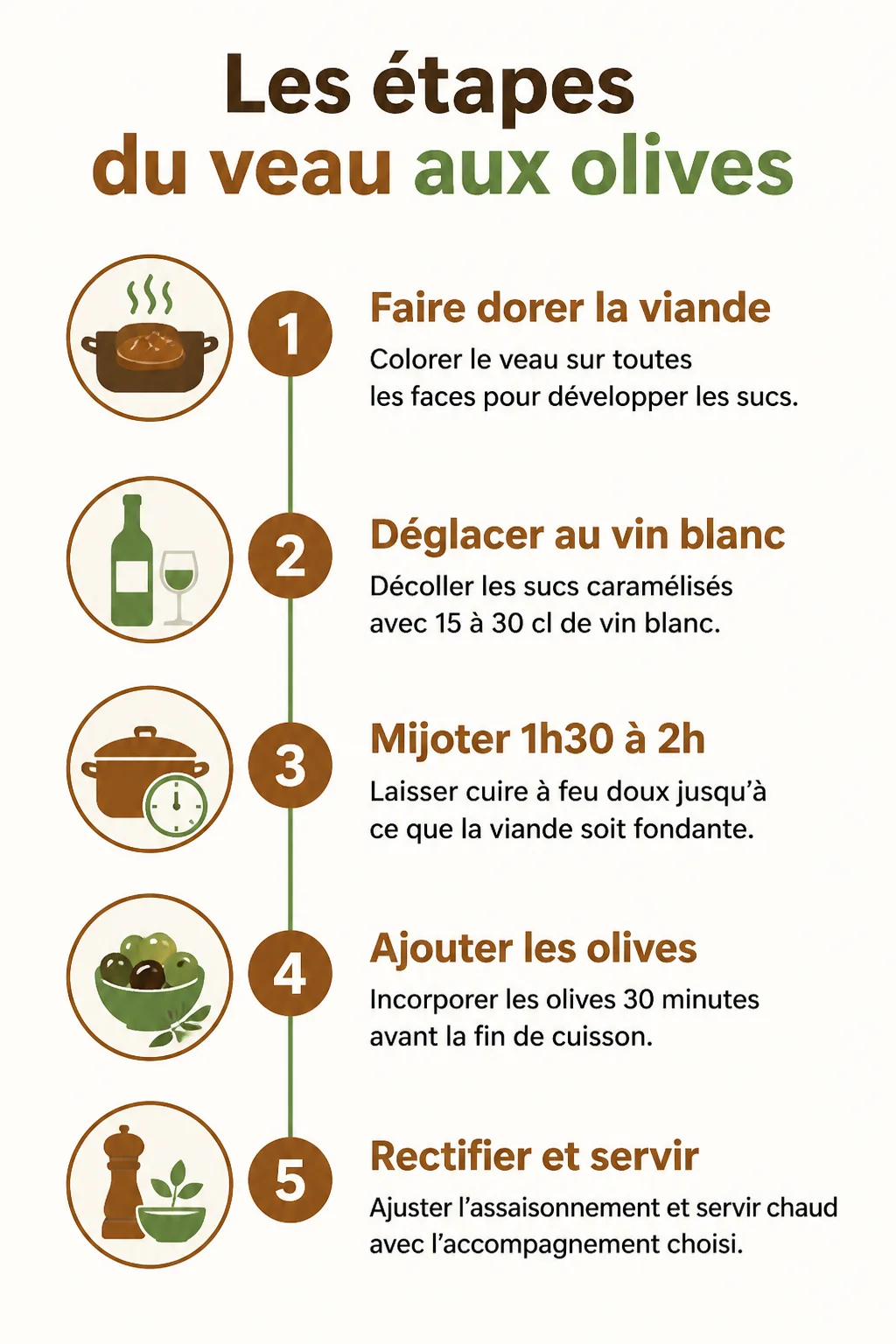Les étapes du veau aux olives : 1. Faire dorer la viande, 2. Déglacer au vin blanc, 3. Mijoter 1h30 à 2h, 4. Ajouter les olives, 5. Rectifier et servir