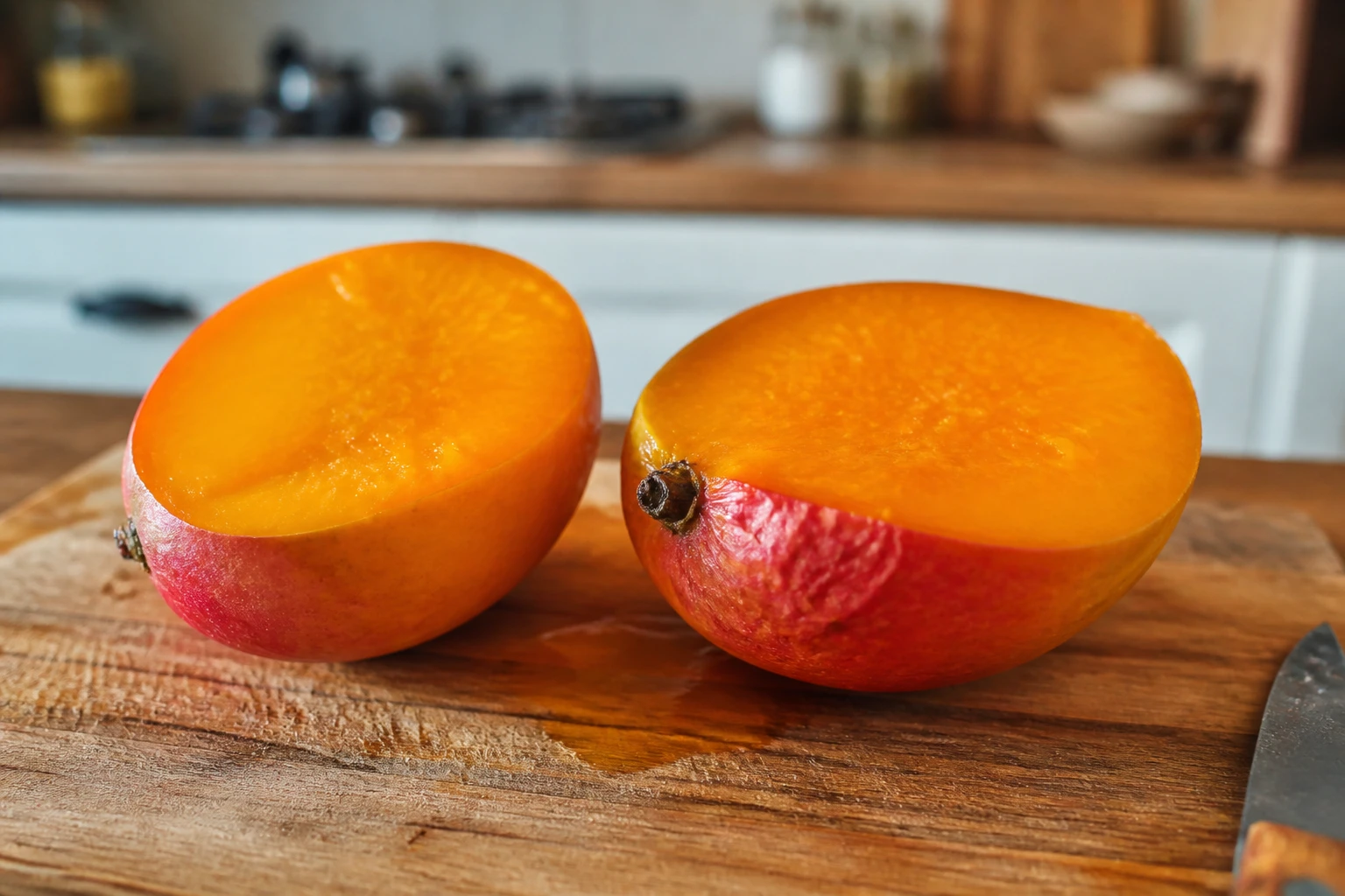 Mangue mûre coupée en deux sur une planche en bois, chair orangée et peau colorée