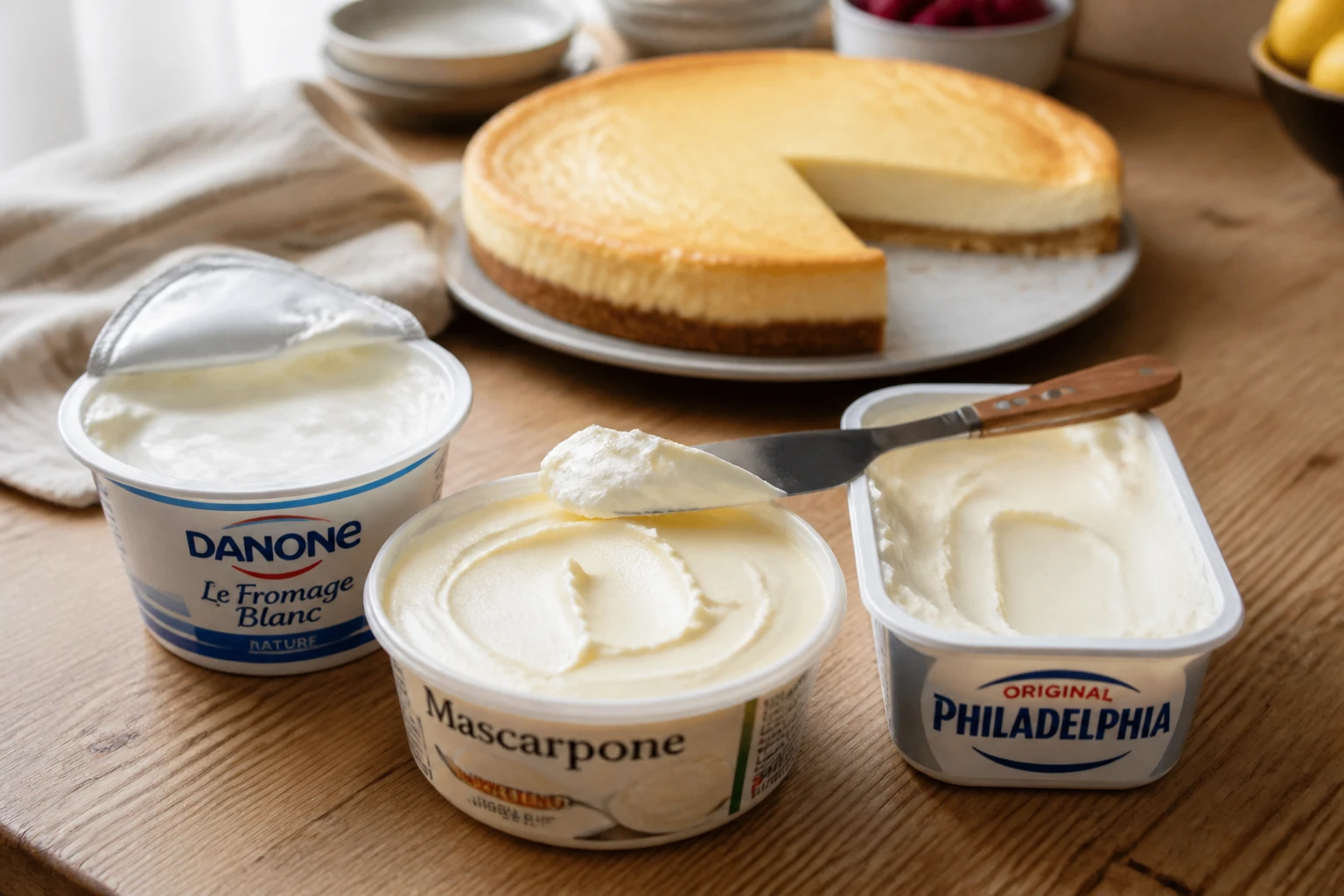 Pots de fromages frais alternatifs au Philadelphia disposés sur une table en bois avec un cheesecake en arrière-plan
