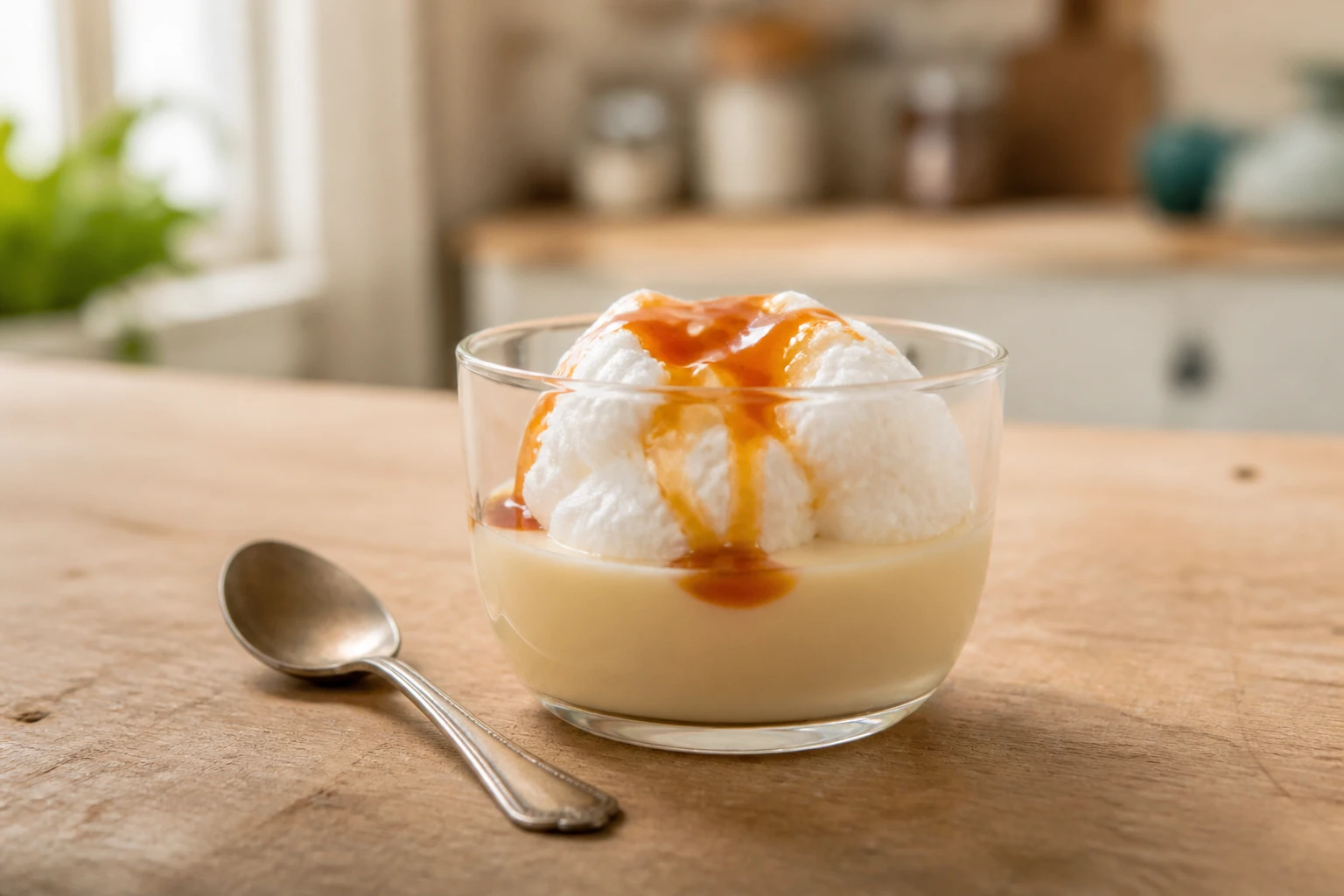 Verrine d'œufs à la neige avec crème anglaise, blanc poché et filet de caramel doré