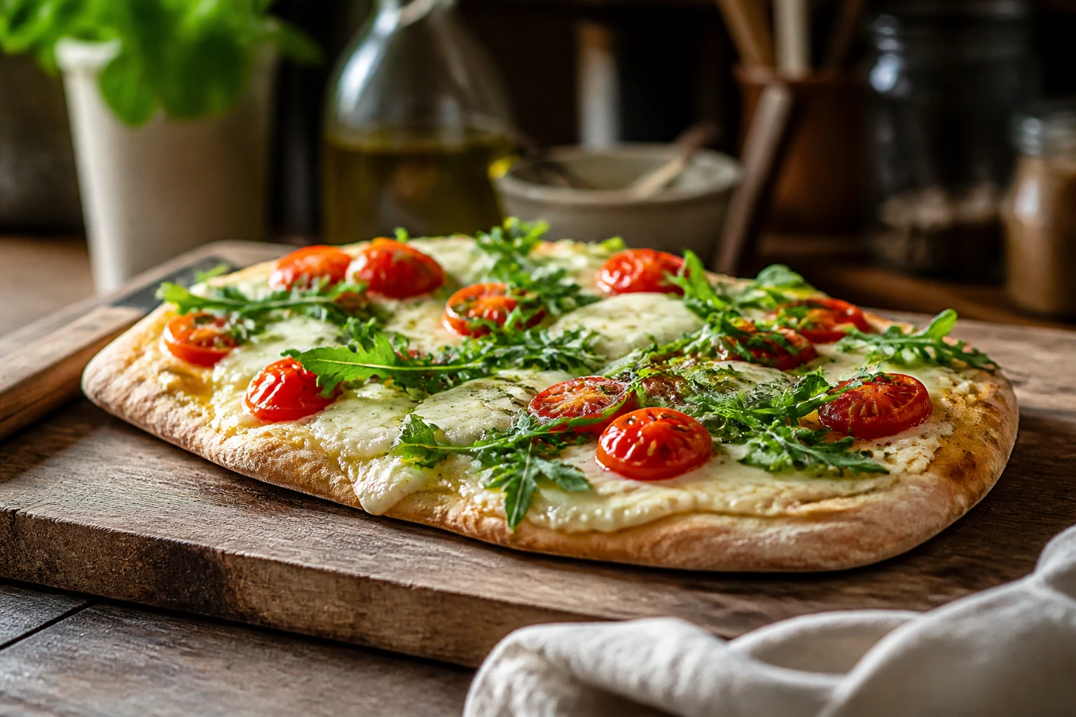 Pinsa maison croustillante garnie de mozzarella, tomates cerises et roquette sur planche en bois