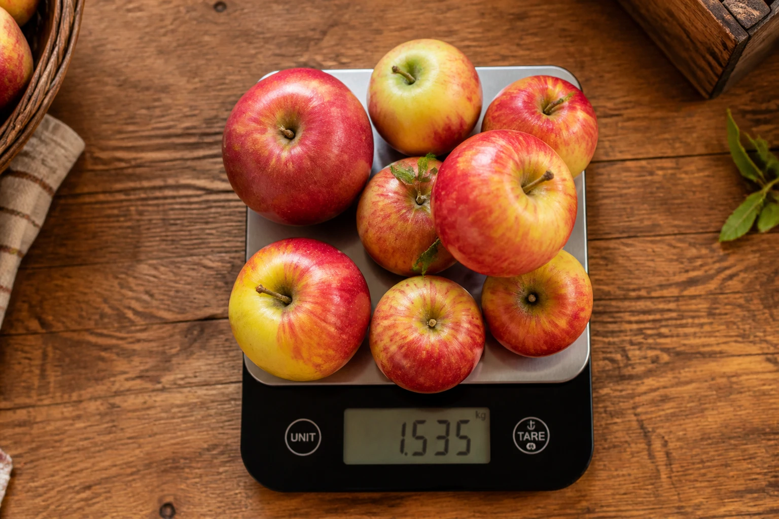Pommes de différentes tailles posées sur une balance de cuisine en bois