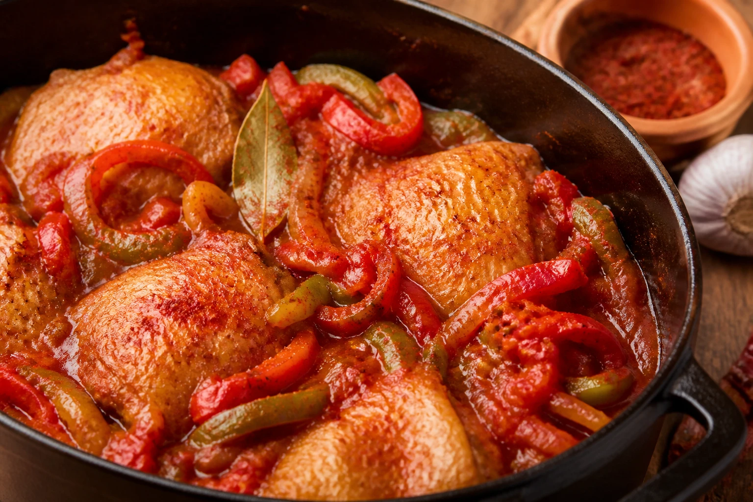 Poulet basquaise mijoté en cocotte avec poivrons, tomates et piment d'Espelette