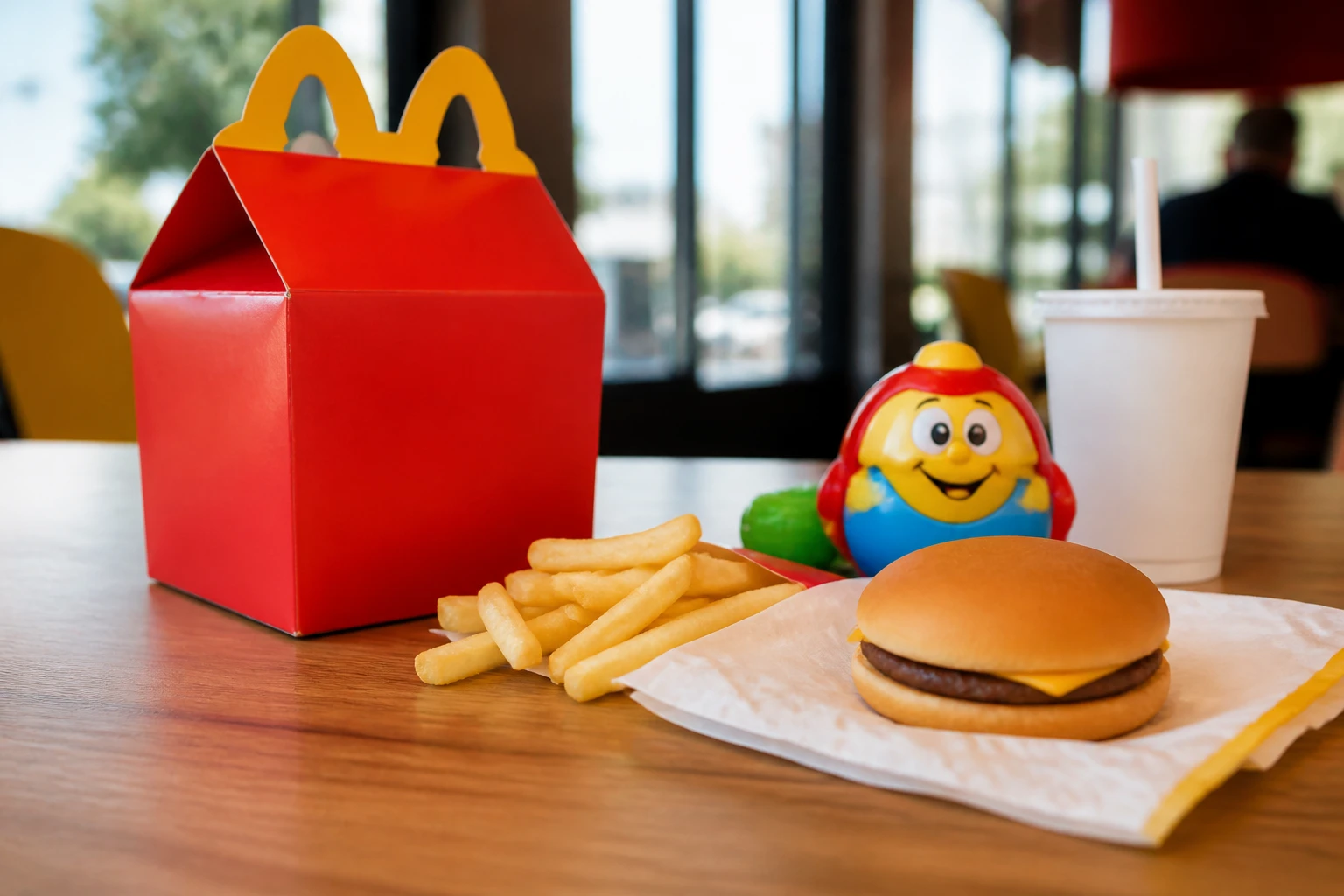 Boîte Happy Meal avec frites, burger et jouet sur une table de restaurant