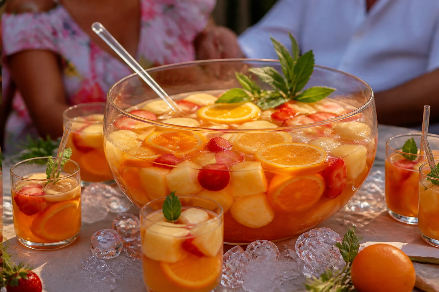 Grand saladier de punch aux fruits pour 50 personnes servi lors d'une fête en extérieur