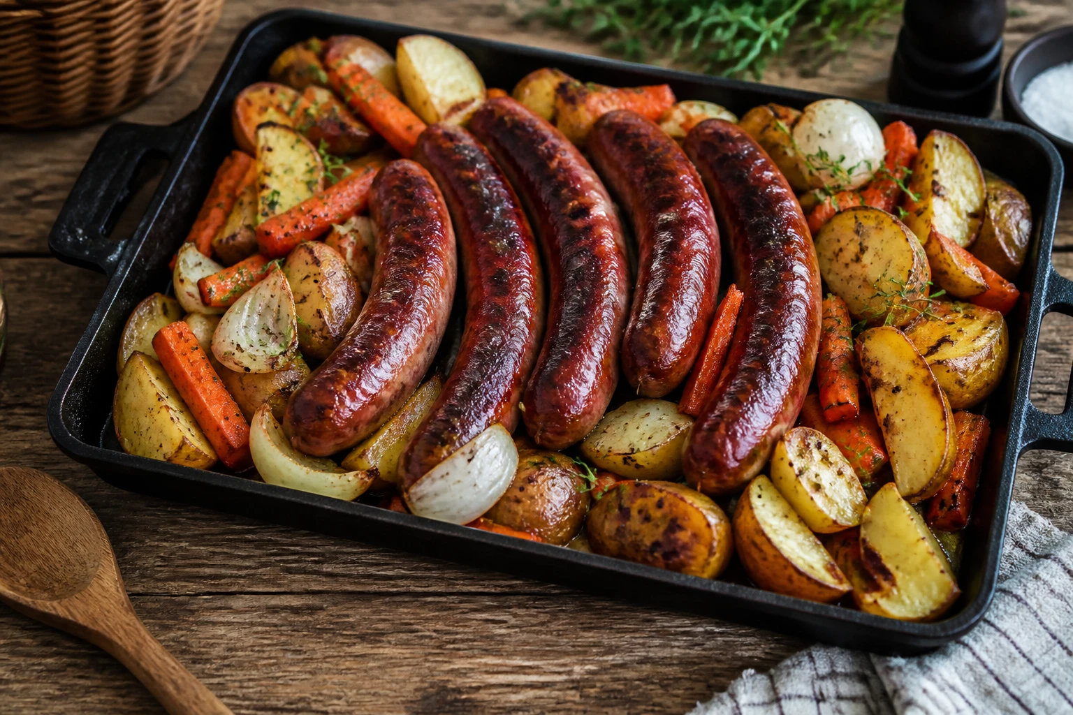 Plaque de saucisses fumées rôties avec pommes de terre, carottes et oignons, vue de dessus