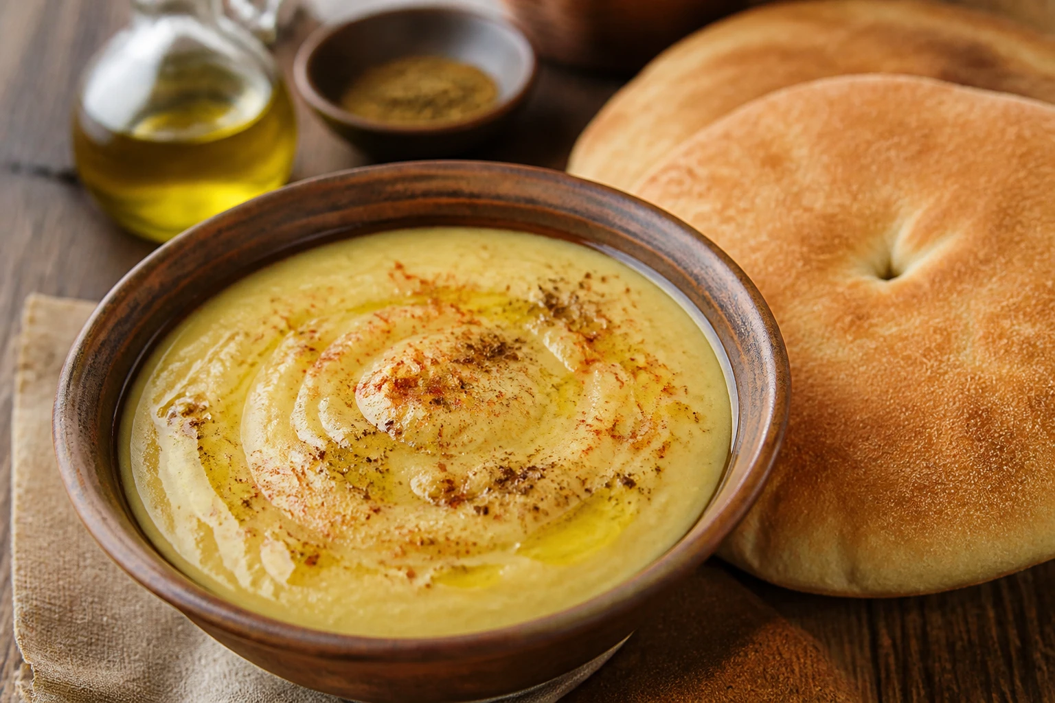 Bol de bissara marocaine, purée de fèves à l'huile d'olive et au cumin, servie avec du pain khobz