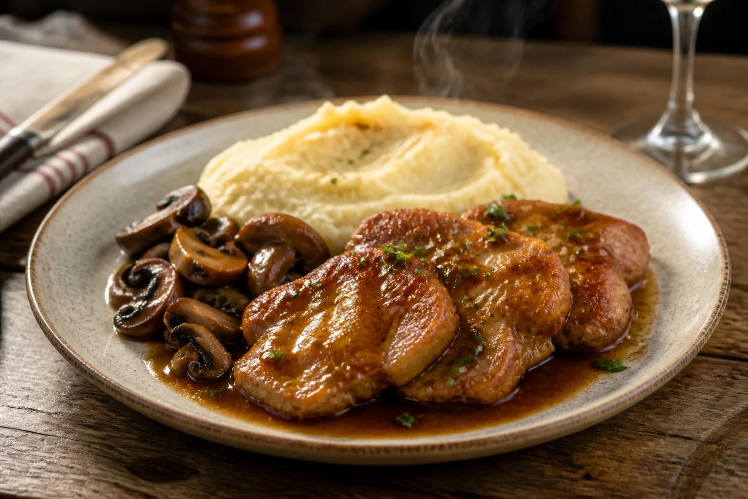 Ris de veau façon grand-mère nappés de sauce madère, servis avec une purée maison