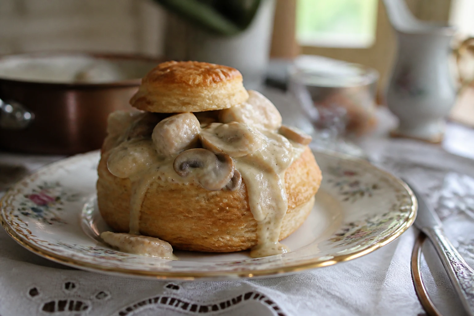 Vol-au-vent traditionnel garni de poulet et champignons dans une sauce crémeuse, servi sur assiette ancienne