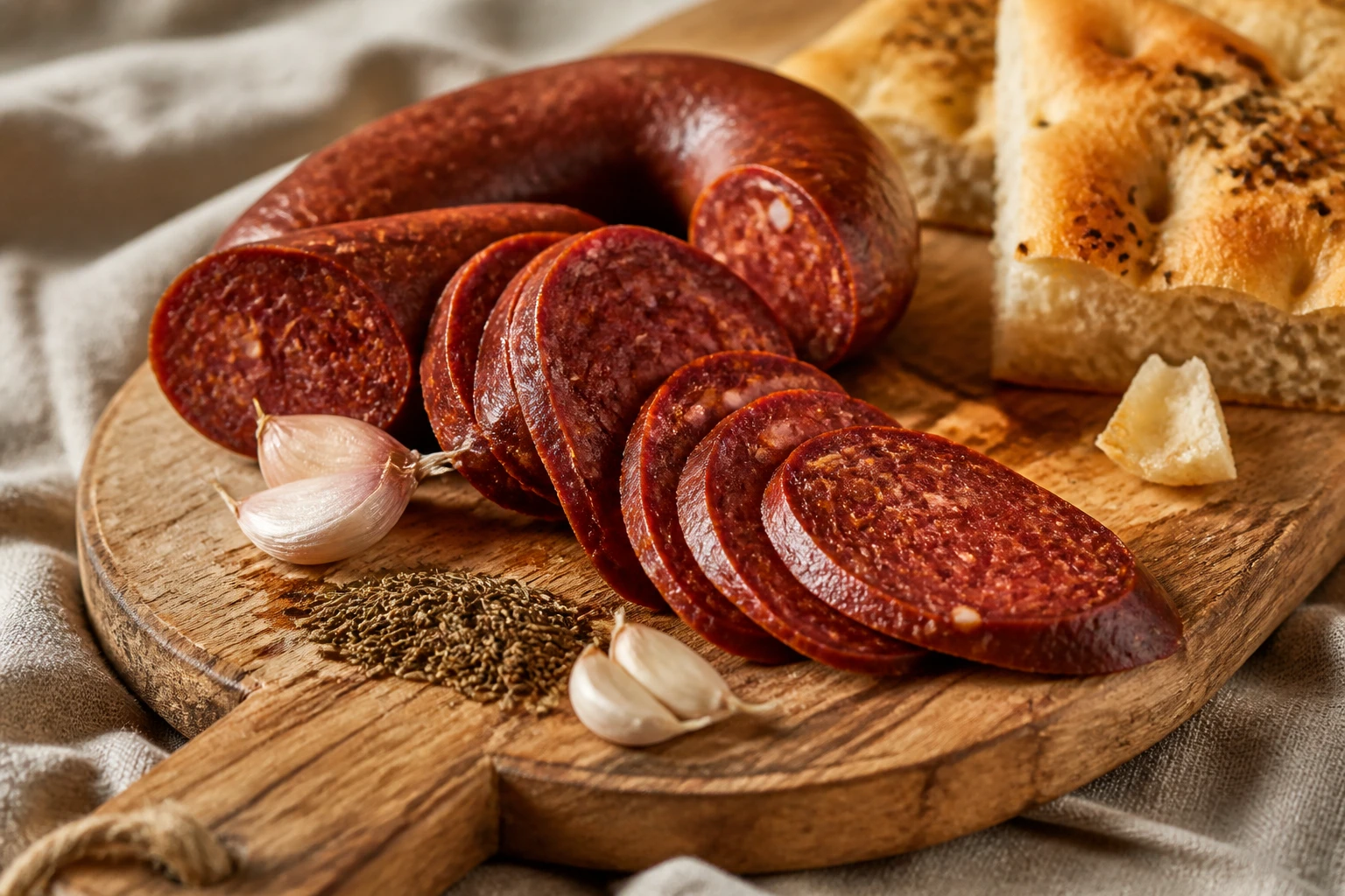 Tranches de sujuk, saucisse turque épicée, disposées sur une planche en bois avec ail et épices