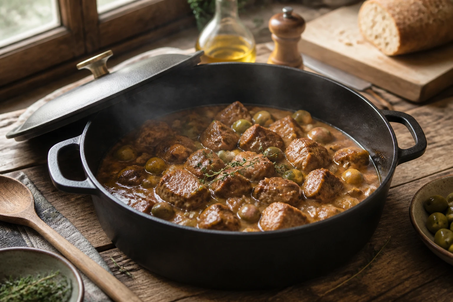 Cocotte en fonte de veau aux olives mijoté avec sauce tomate et olives vertes, table en bois