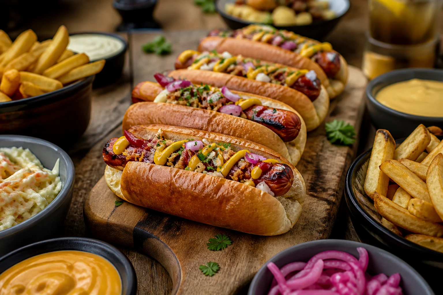 Planche de hot dogs avec accompagnements variés : frites, coleslaw et sauces maison