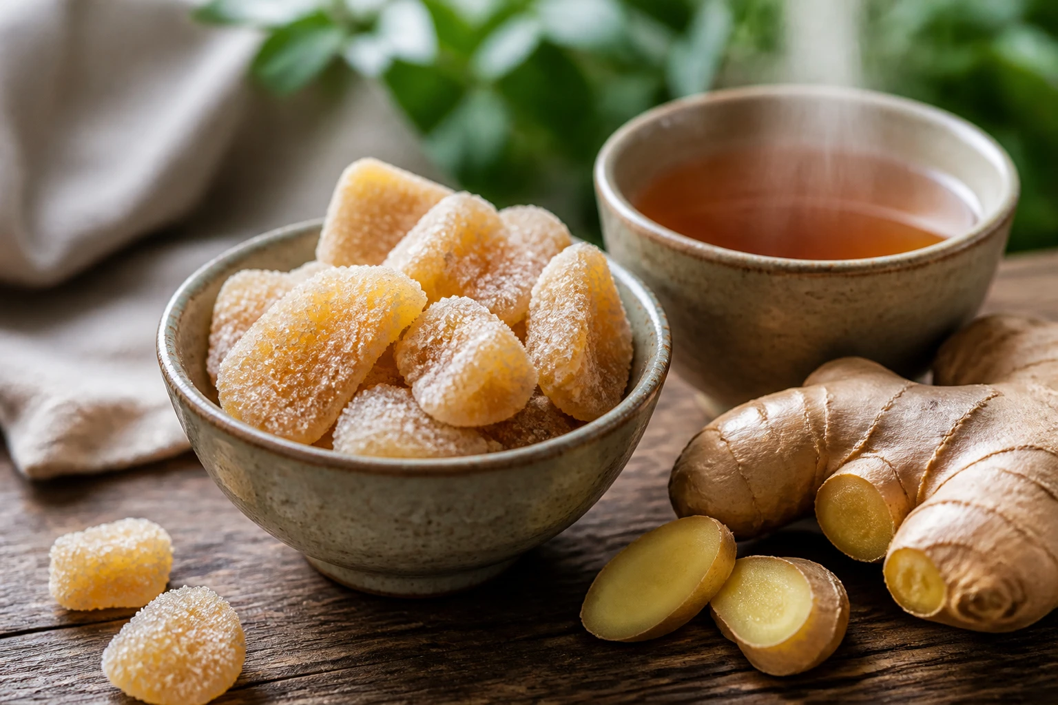 Bol de gingembre confit en morceaux avec sucre cristallisé, tasse de thé et gingembre frais sur table en bois