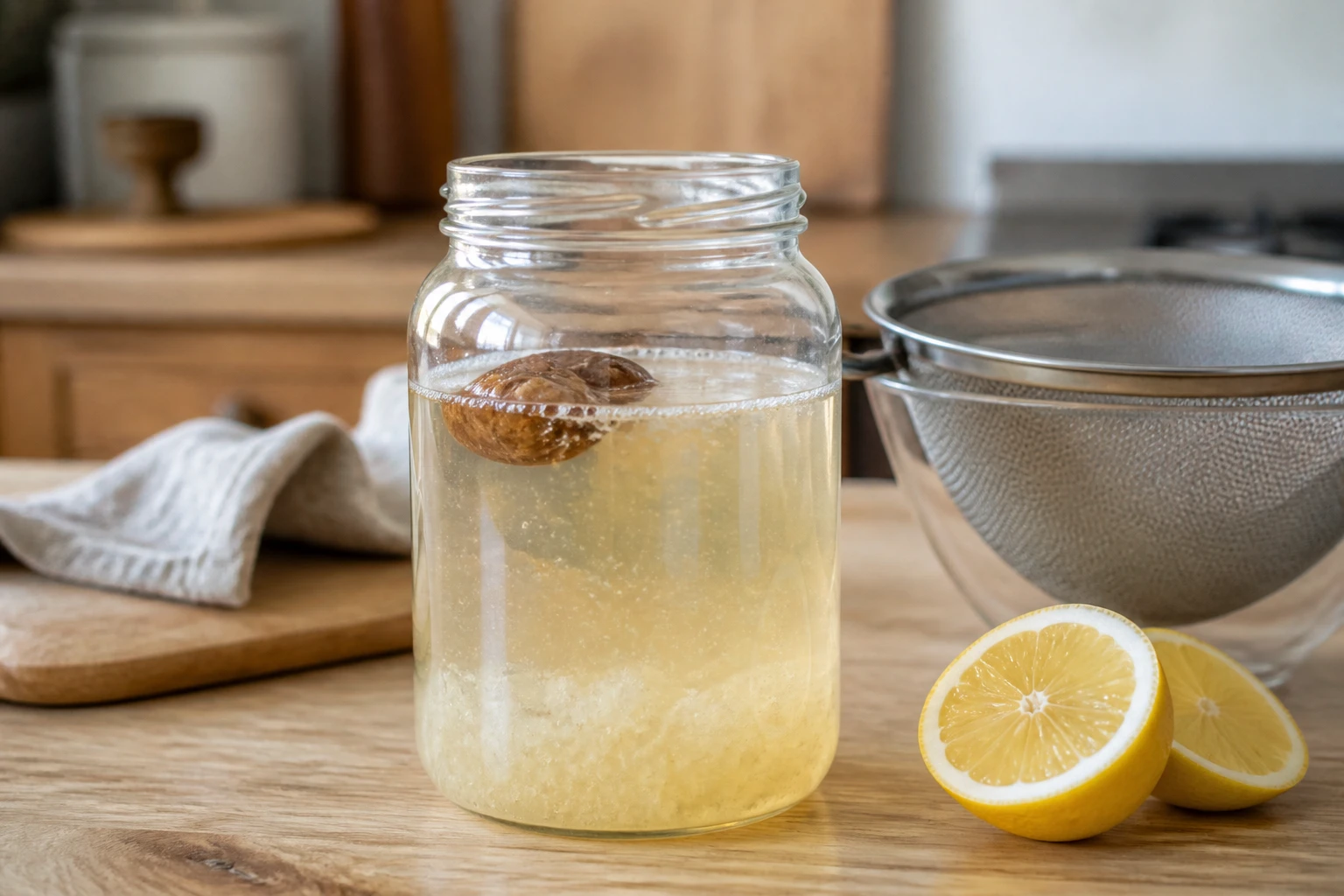Bocal en verre de kéfir d'eau maison avec grains et figue sèche sur plan de travail en bois