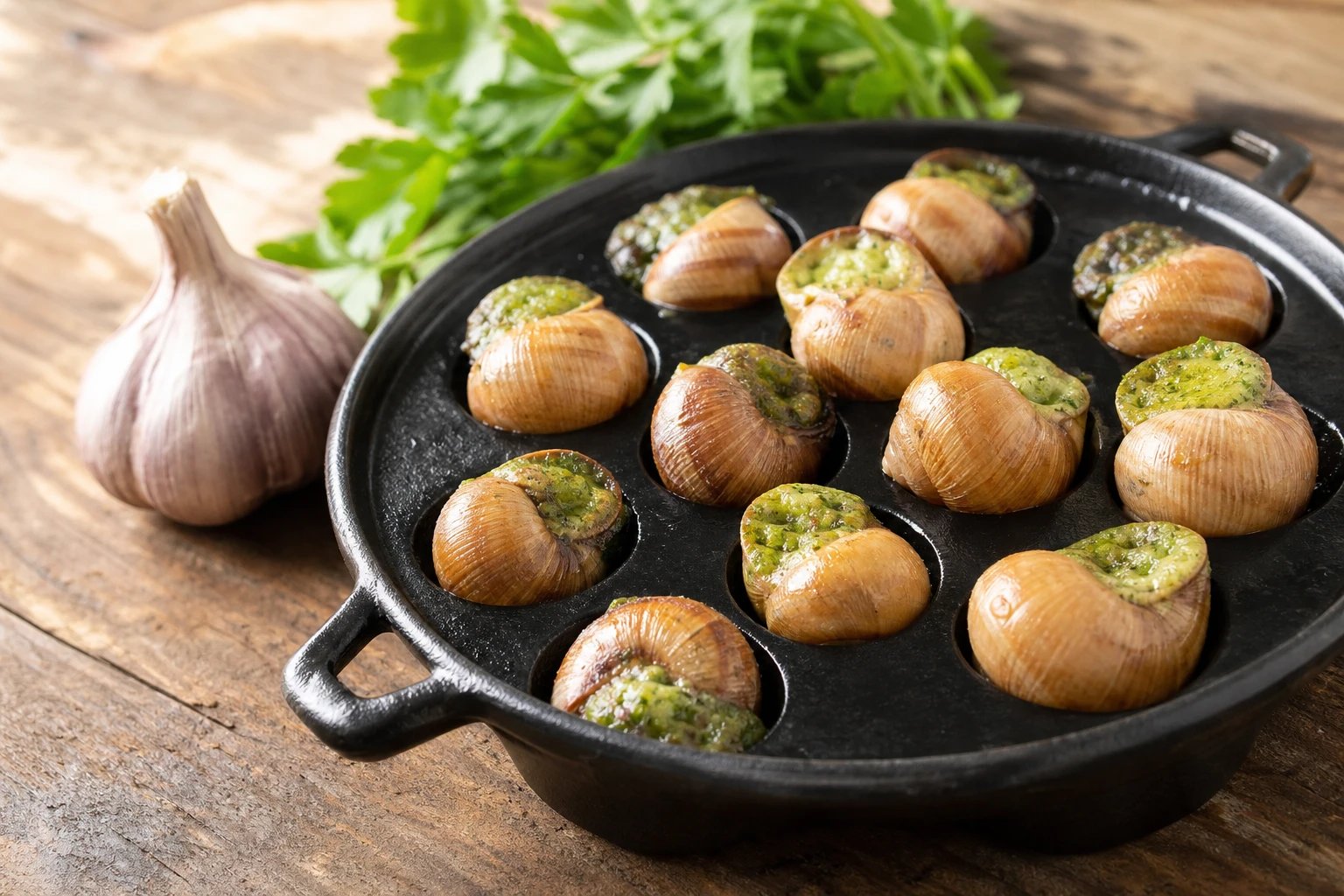 Escargots de Bourgogne garnis de beurre persillé doré dans leur plat en fonte