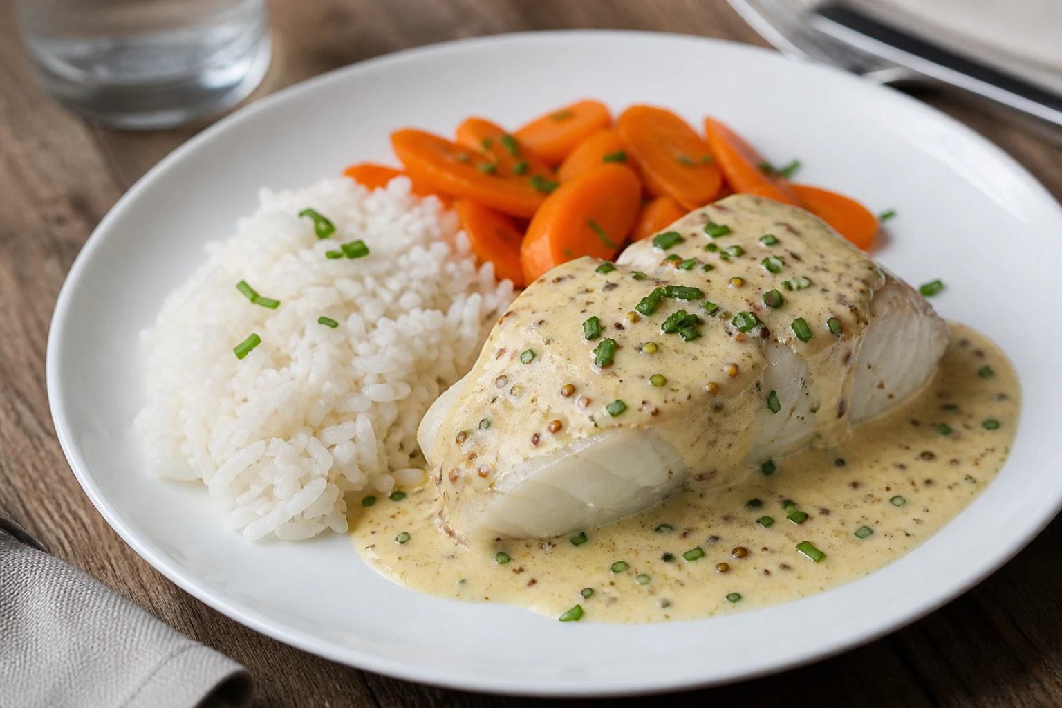 Dos de cabillaud sauce moutarde au Cookeo avec riz et carottes sur assiette blanche