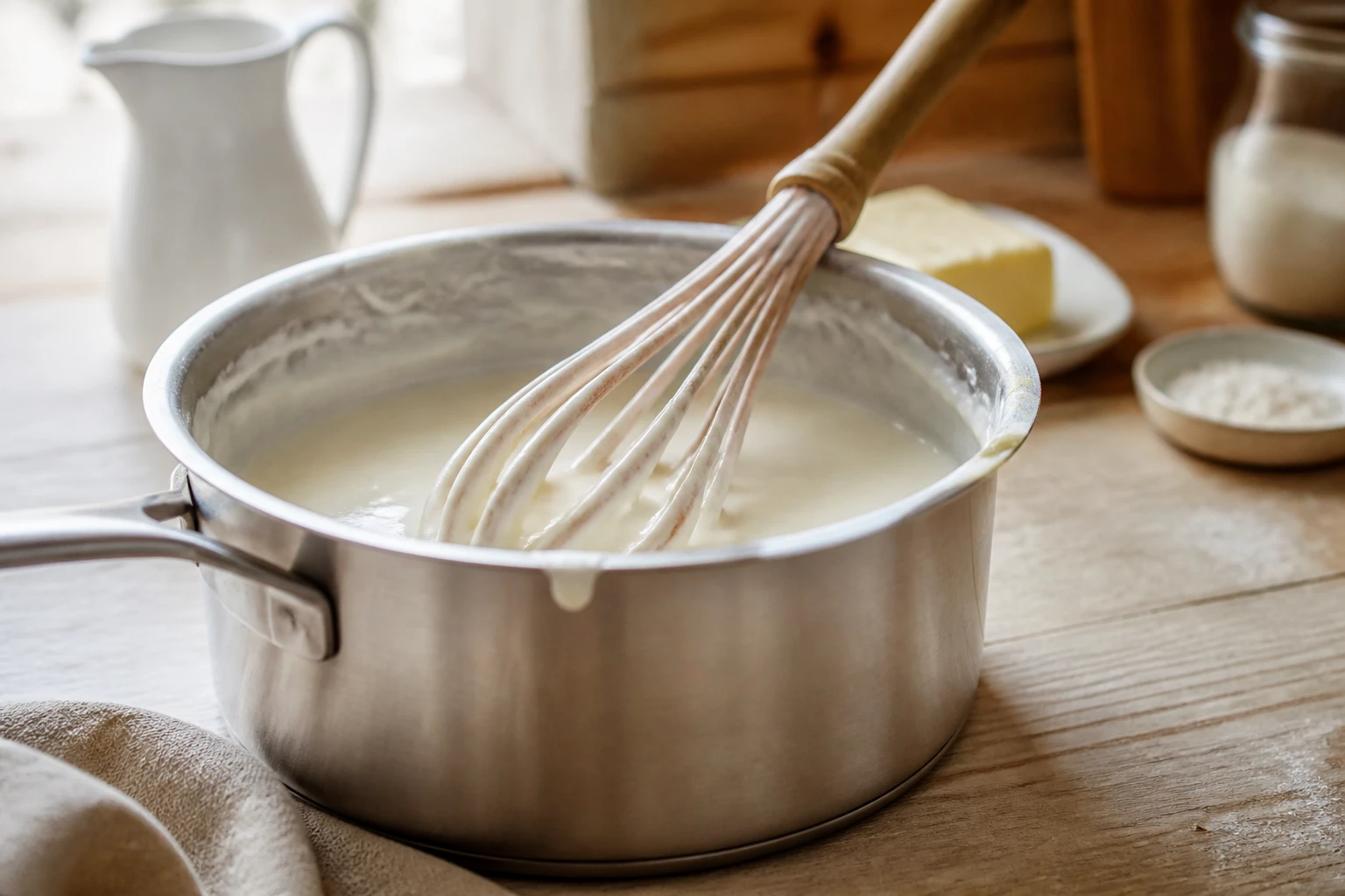Béchamel onctueuse sans farine préparée à la fécule de maïs dans une casserole avec un fouet en bois
