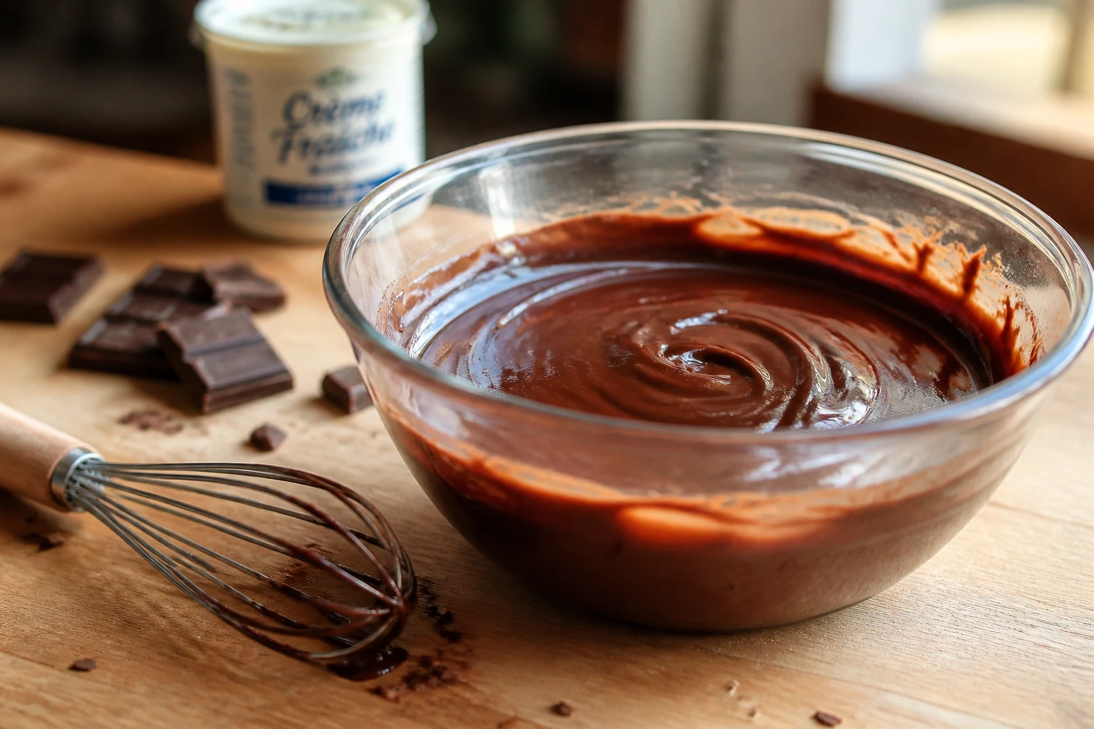Ganache au chocolat noir lisse et brillante dans un saladier en verre avec fouet