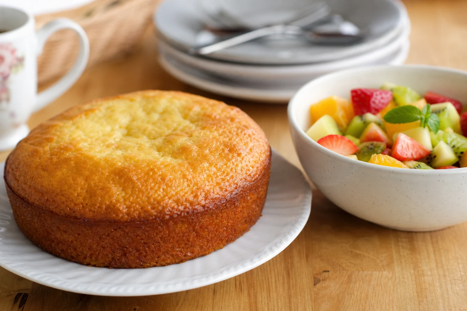 Gâteau léger moelleux servi avec une salade de fruits frais colorés sur une table en bois