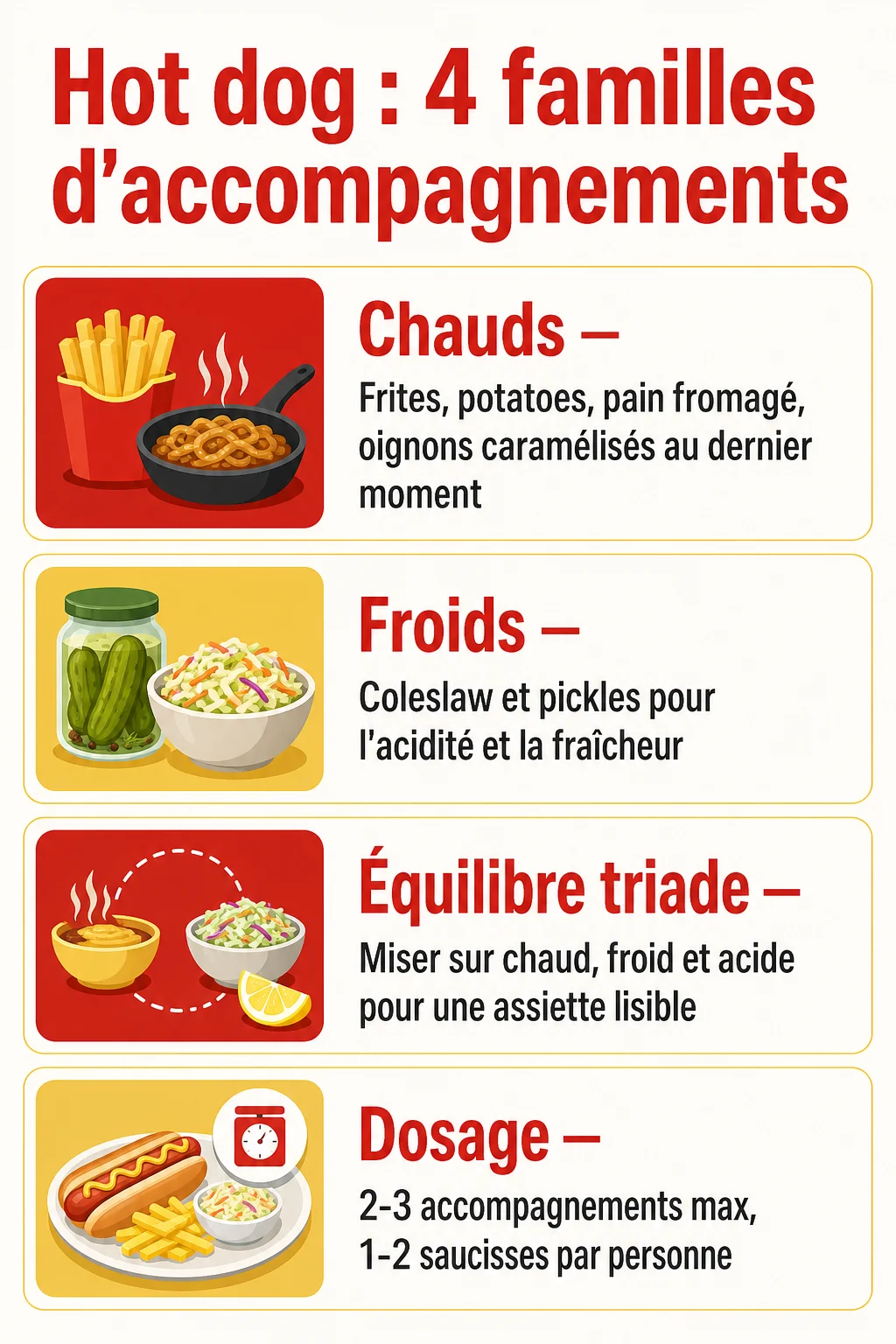 Hot dog : 4 familles d'accompagnements : Chauds, Froids, Équilibre triade, Dosage